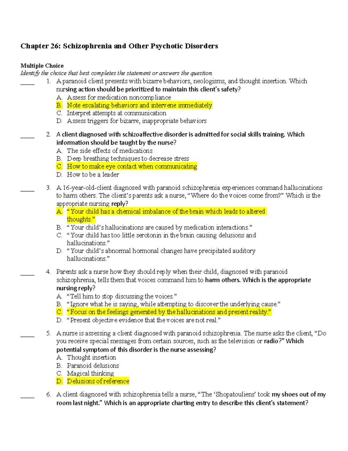 Chapter 26 Practice Questions: Schizophrenia & Psychotic Disorders ...