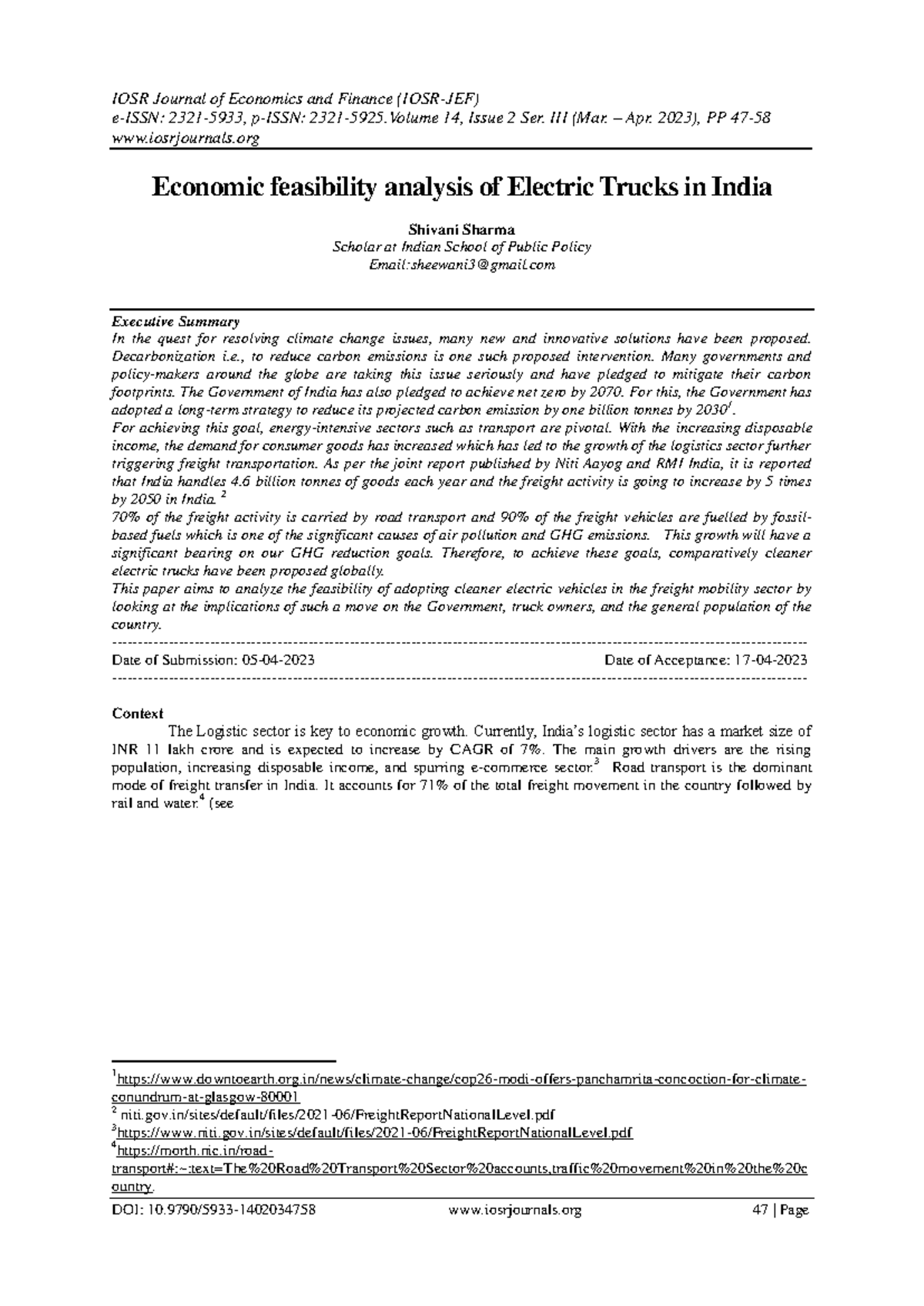Analysis of Economic Feasibility of Electric Trucks in India (IOSR-JEF ...