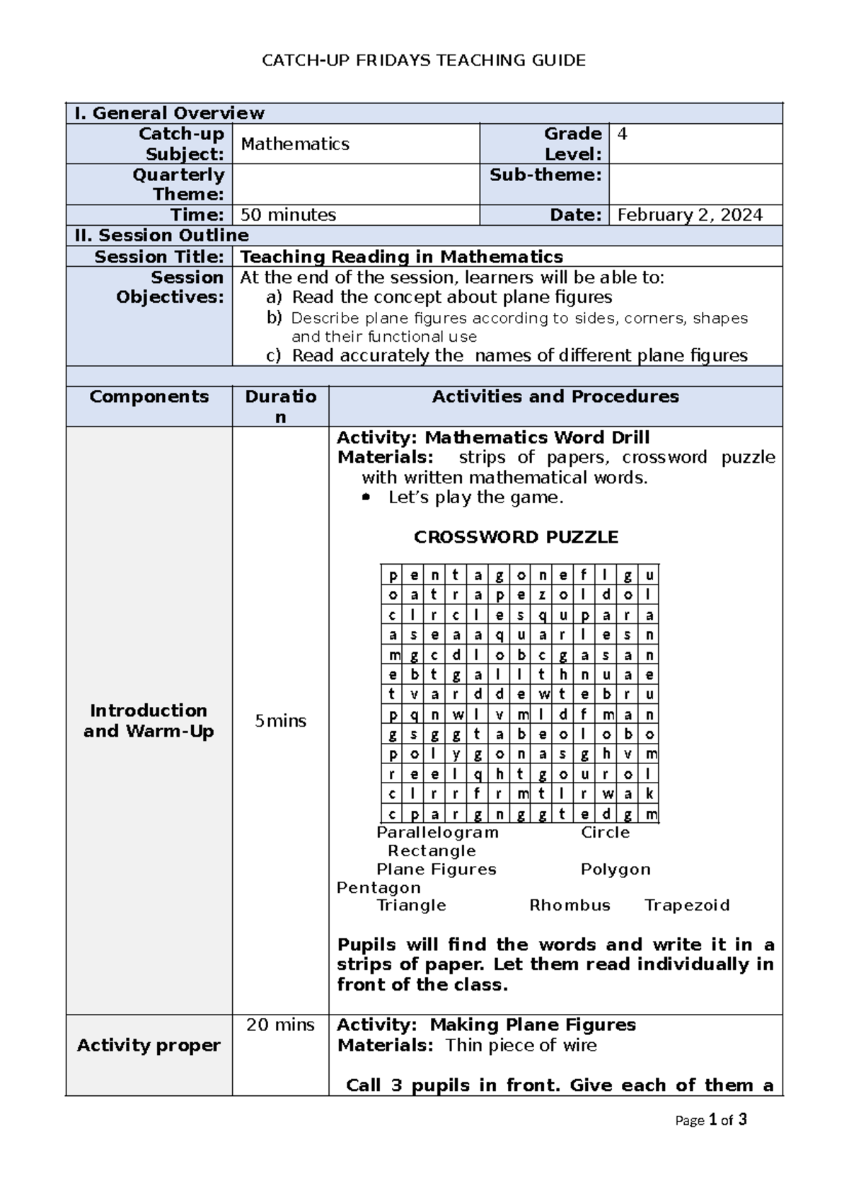 FRIDAY MATH 4 TEACHING GUIDE: PLANE FIGURES LESSON PLAN - Studocu