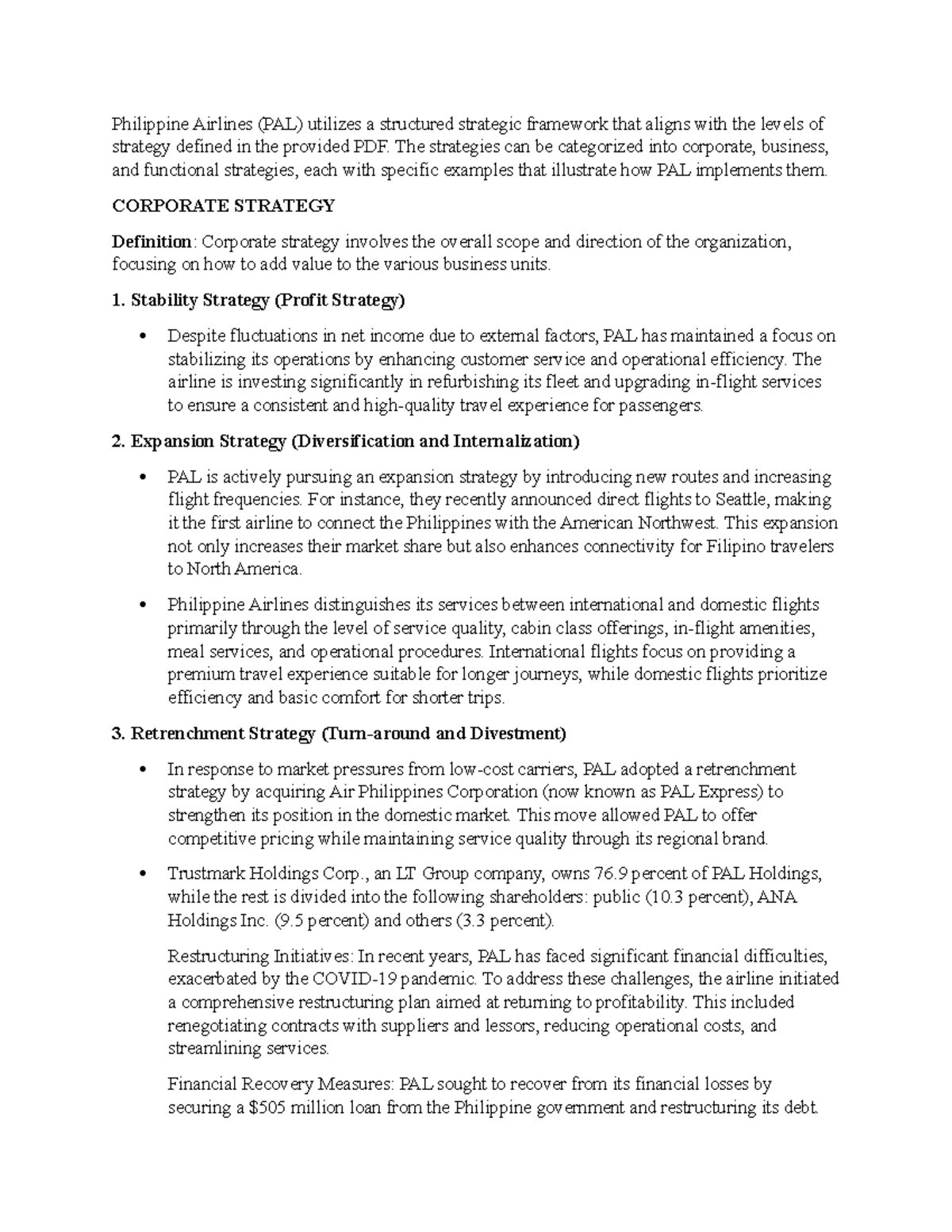 Strategic Framework Analysis of Philippine Airlines (PAL) - Studocu