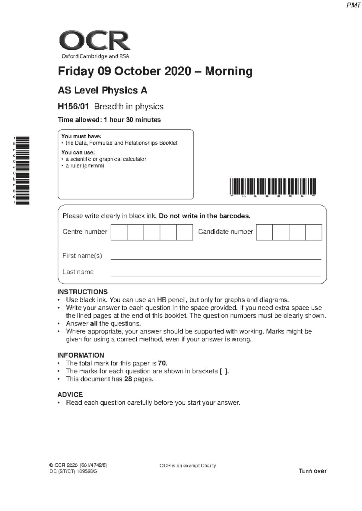 November 2020 QP - Paper 1 OCR AS Level Physics Exam Questions - Studocu