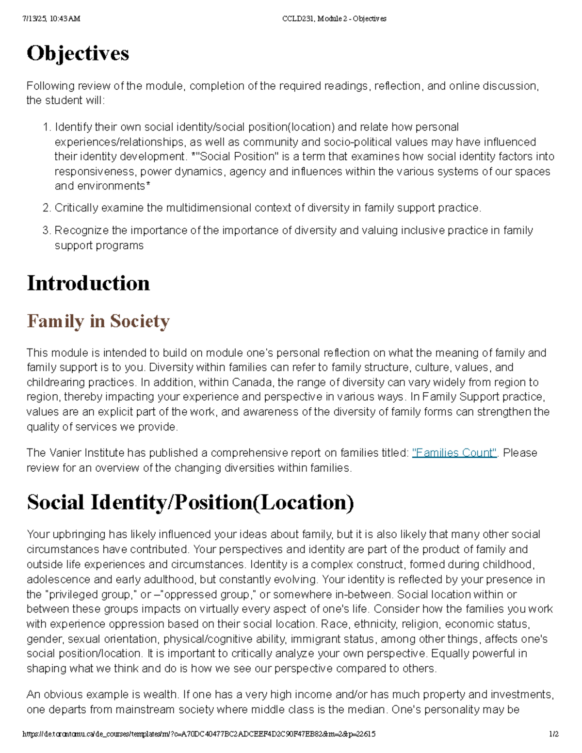CCLD231, Module 2 - Objectives on Diversity in Family Support - Studocu