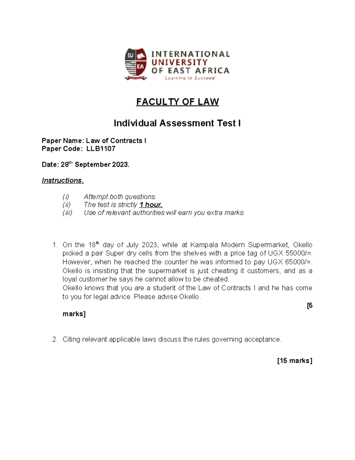 Assignment I - Elements of a valid contract - FACULTY OF LAW Individual ...
