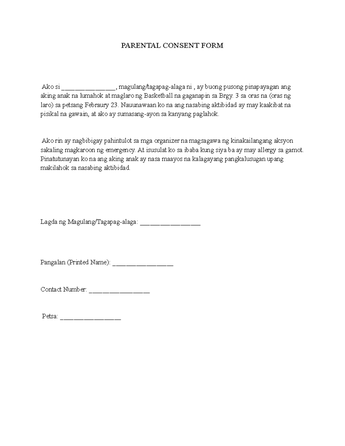 Parental Consent Form for Basketball Activity - Feb 23 - Studocu