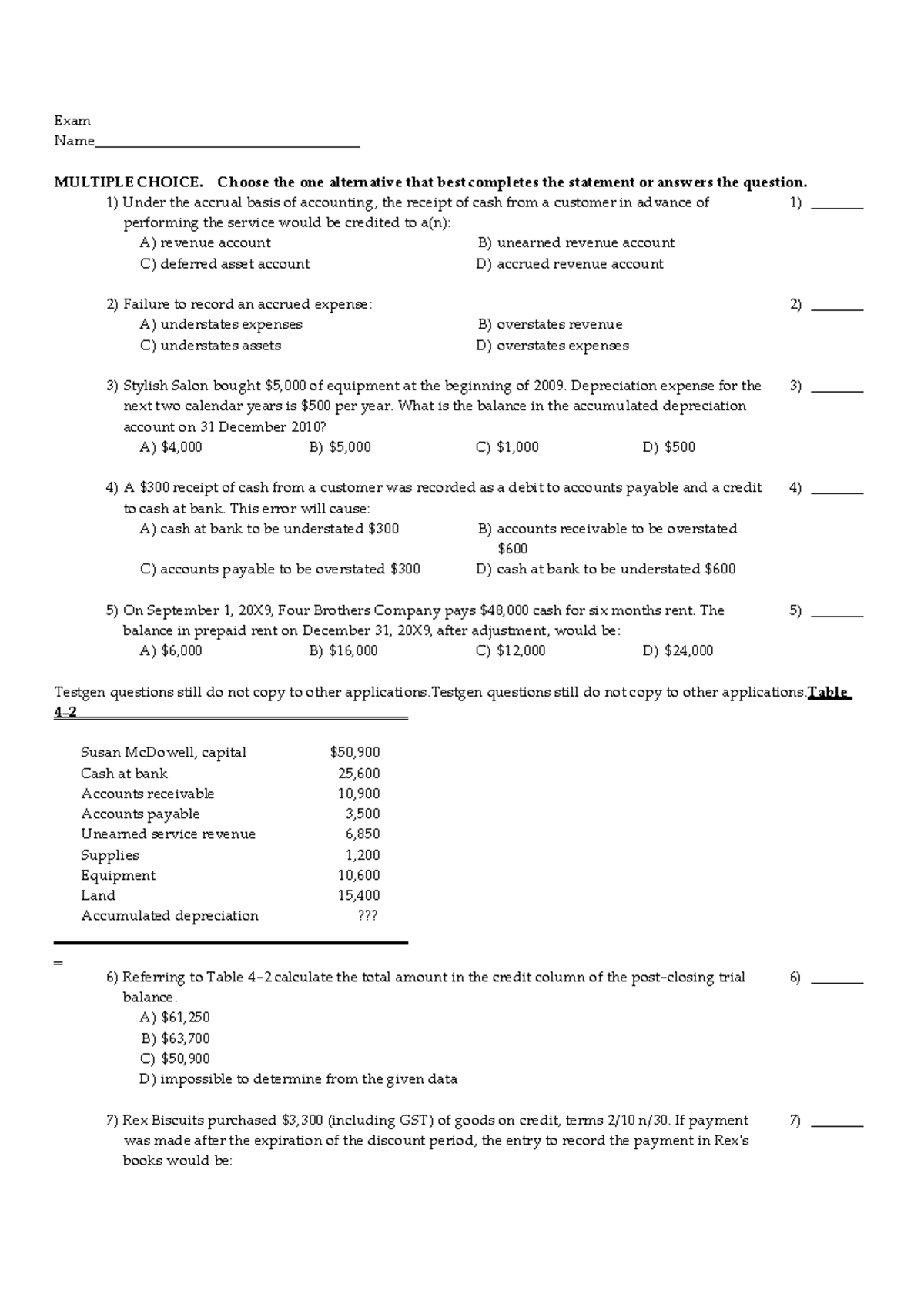 Practice Quiz: Exam MULTIPLE CHOICE for Accounting Concepts - Studocu