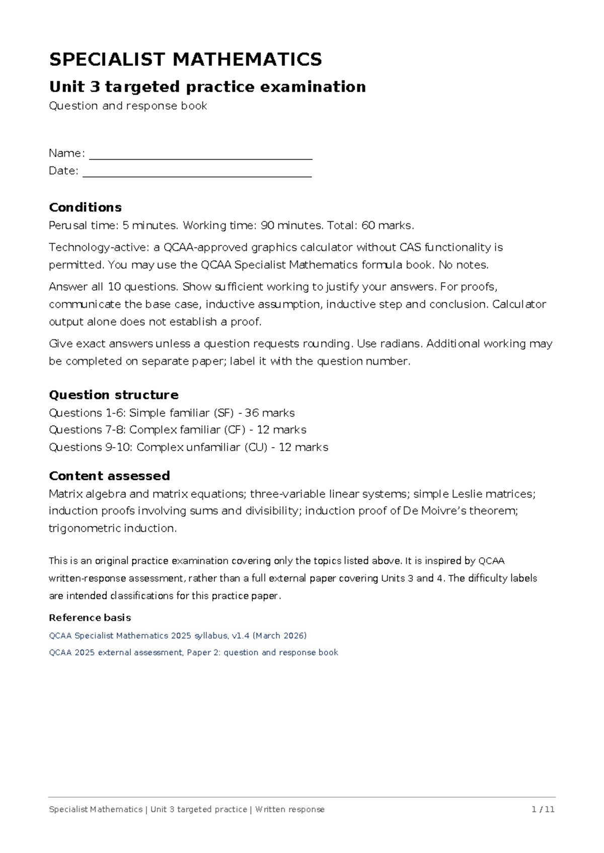 Unit 3 Specialist Mathematics Targeted Practice Exam - Studocu