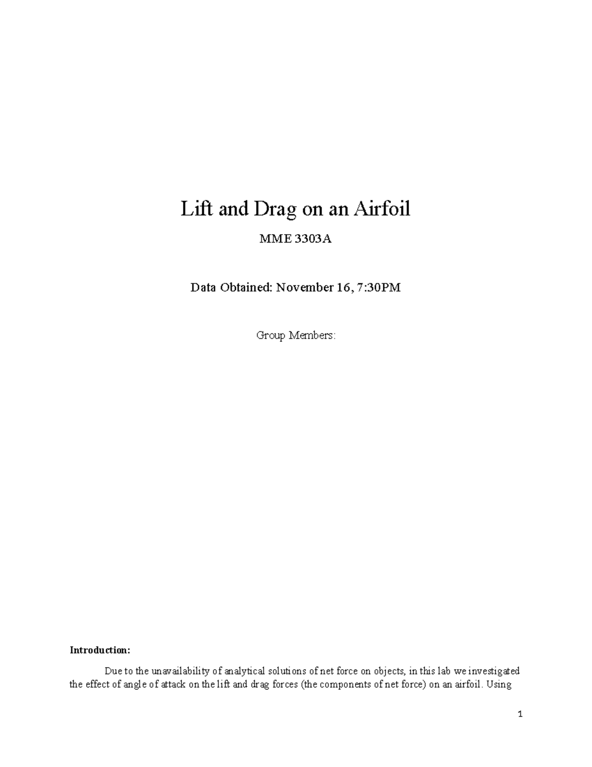 Lift and Drag Forces on an Airfoil: MME 3303A Lab Report - Studocu