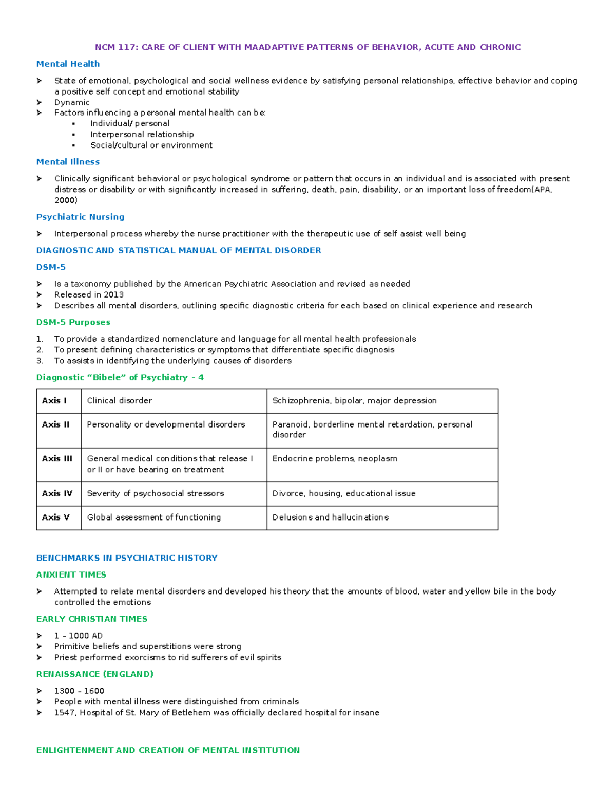 NCM 117 - Lesson 1: Mental Health & Psychiatric Nursing Overview - Studocu