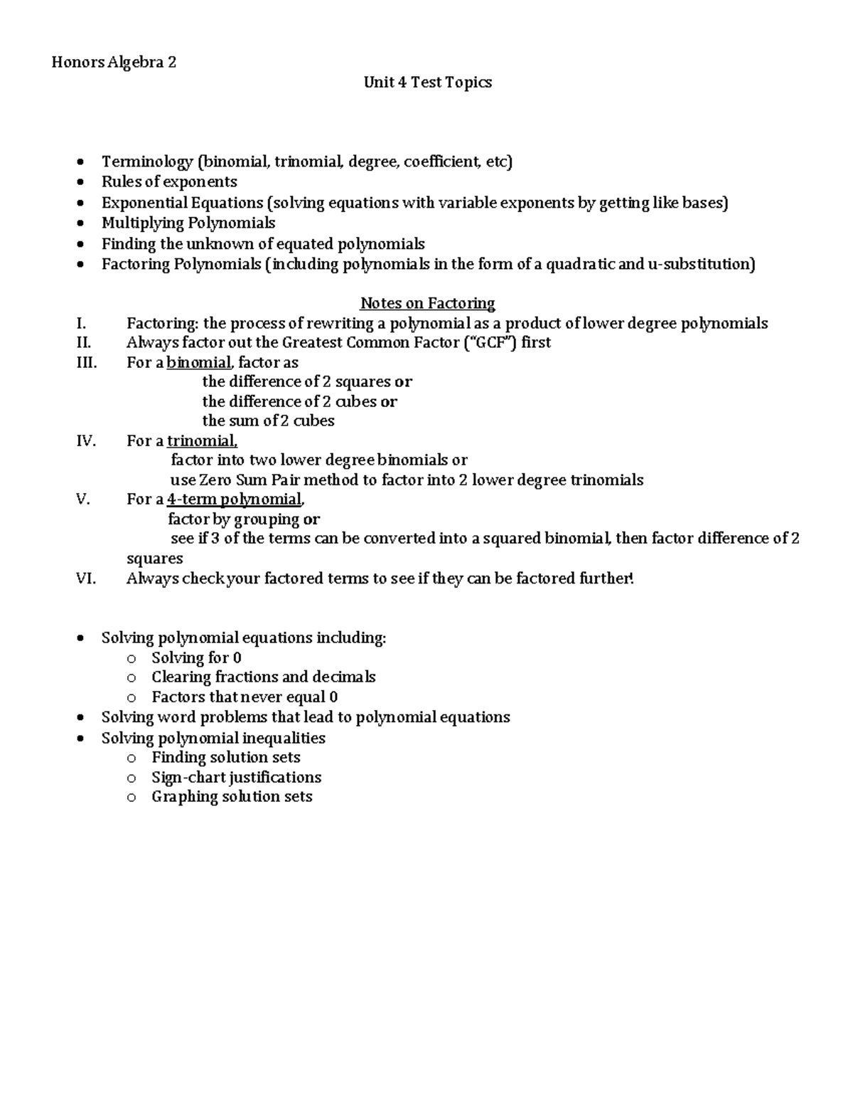 HA2 Unit 4 Test Topics: Exponents, Polynomials & Factoring - Studocu