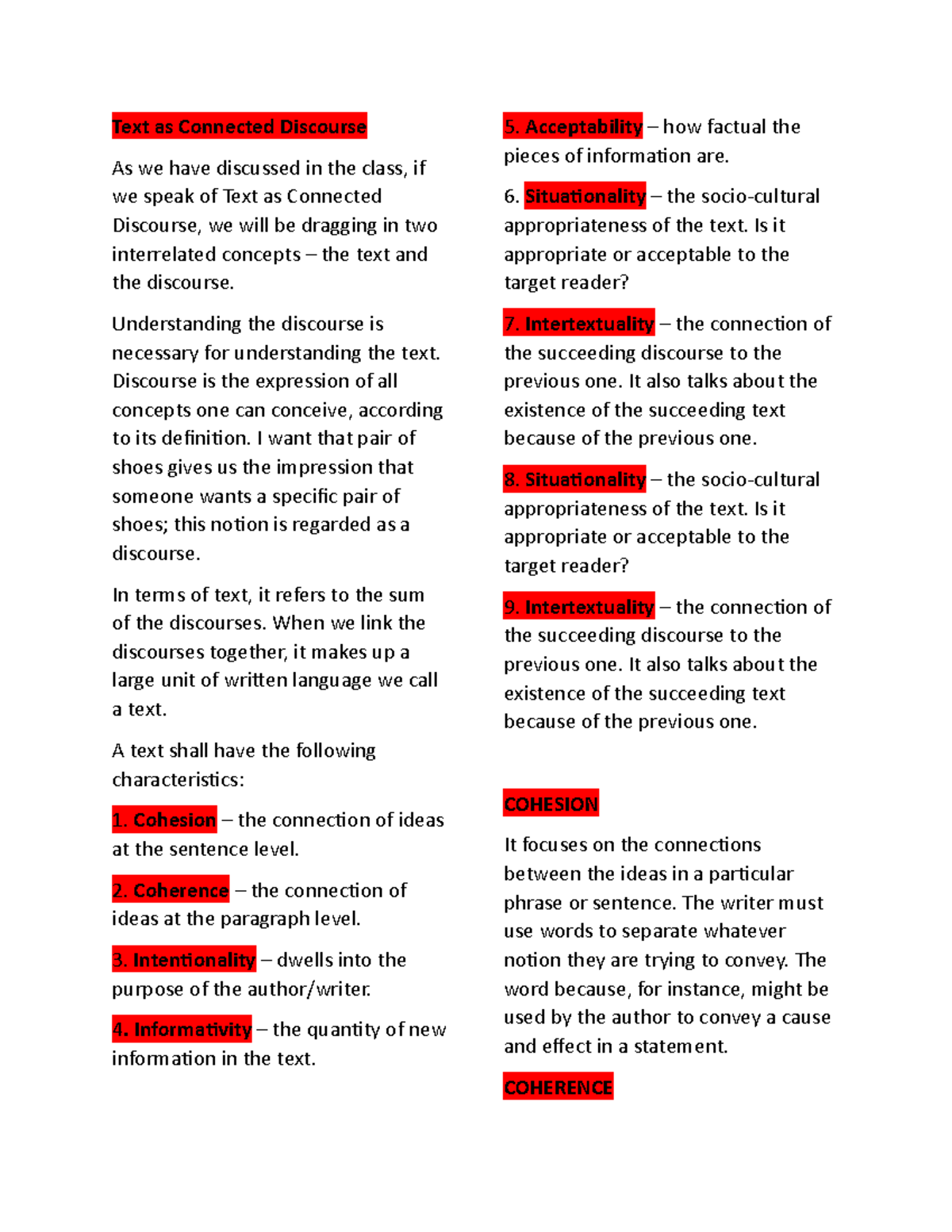 English 2 - notes - Text as Connected Discourse As we have discussed in ...