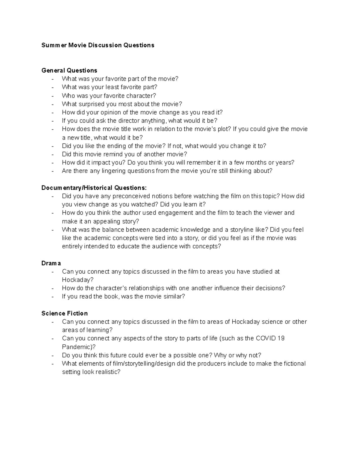 Hockaday Summer Movie Discussion Questions & Insights - Studocu