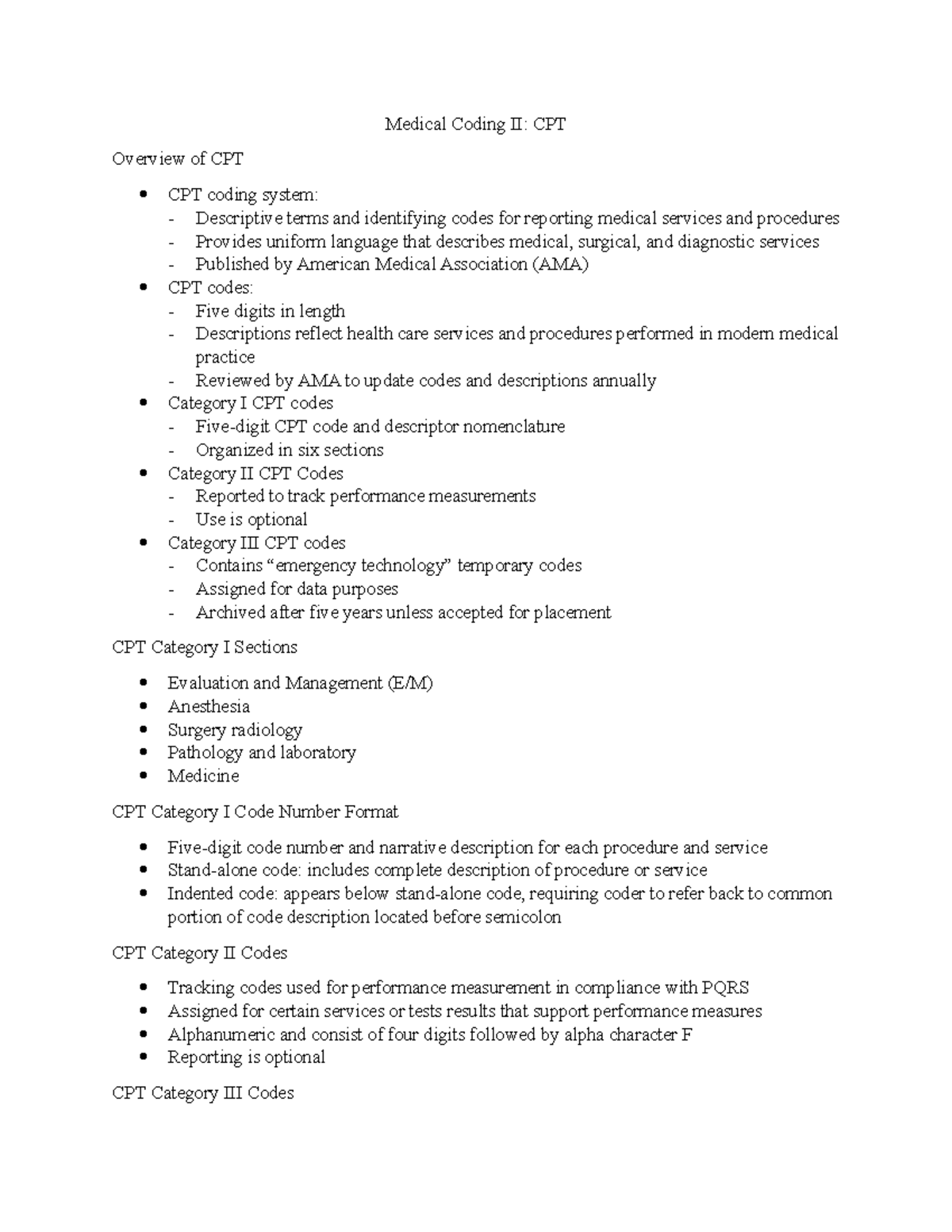 Medical Coding II CPT notes - Medical Coding II: CPT Overview of CPT ...