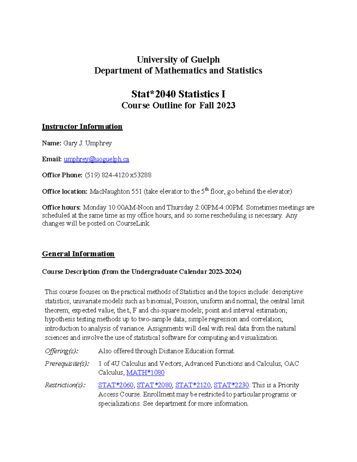 Stat*2040 Fall 2023 Course Outline and Important Info - Studocu