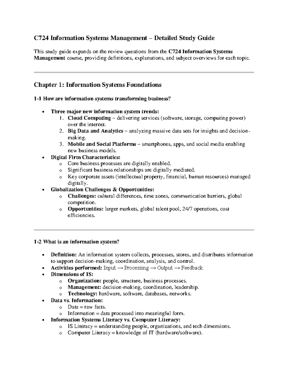 C724 Information Systems Management Comprehensive Study Guide - Studocu