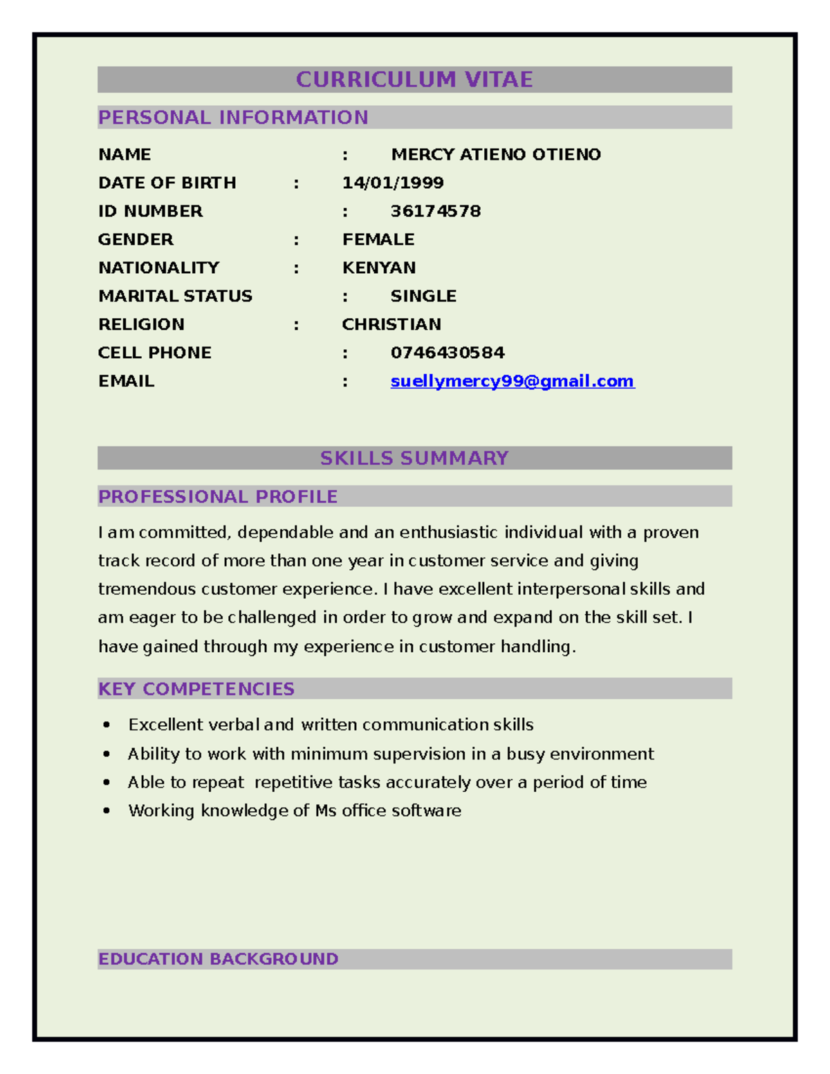 Mercy Atieno's CV - Customer Service & Professional Skills - Studocu