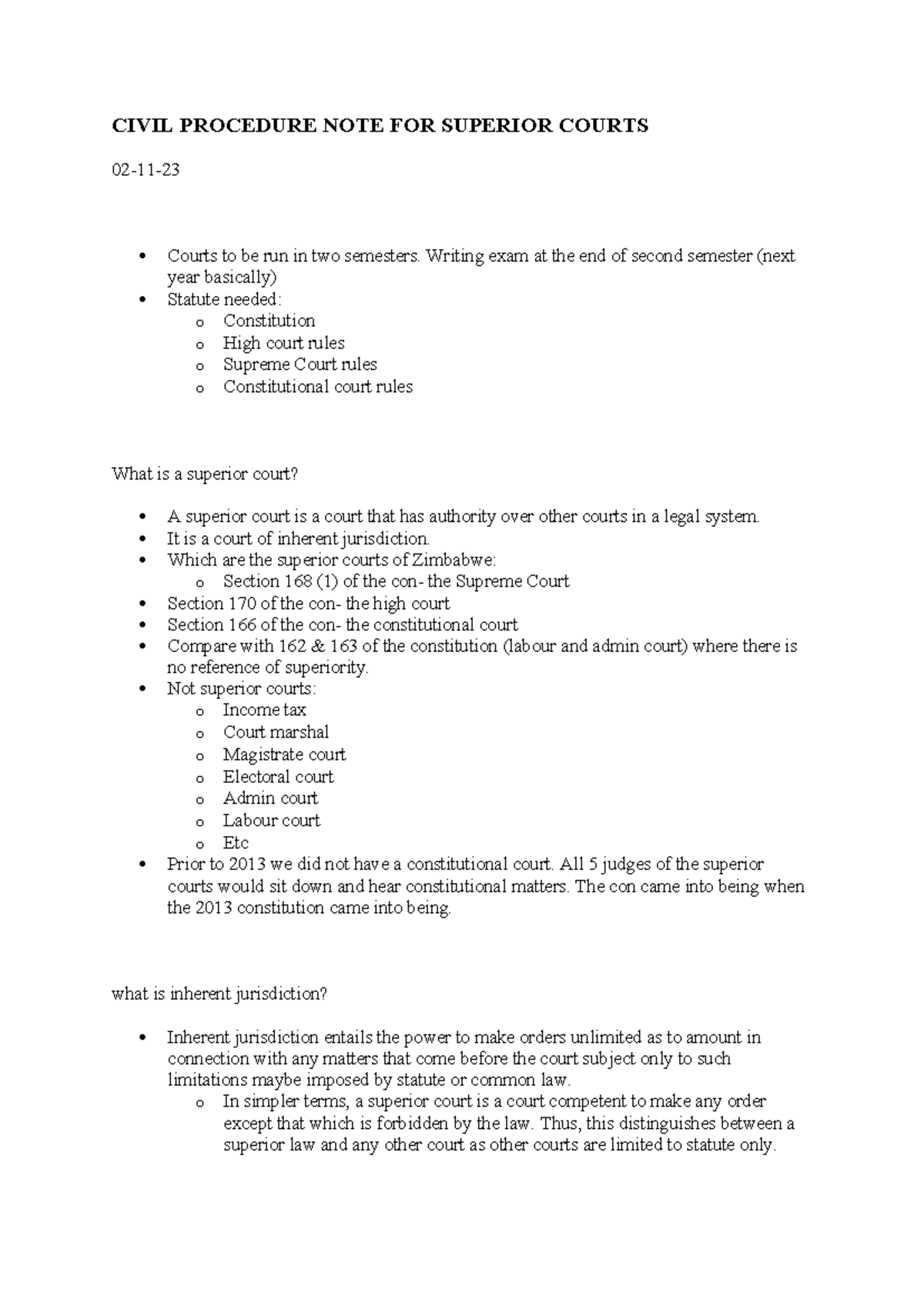 CIVIL PROCEDURE NOTES FOR SUPERIOR COURTS (CIV 101) - Studocu