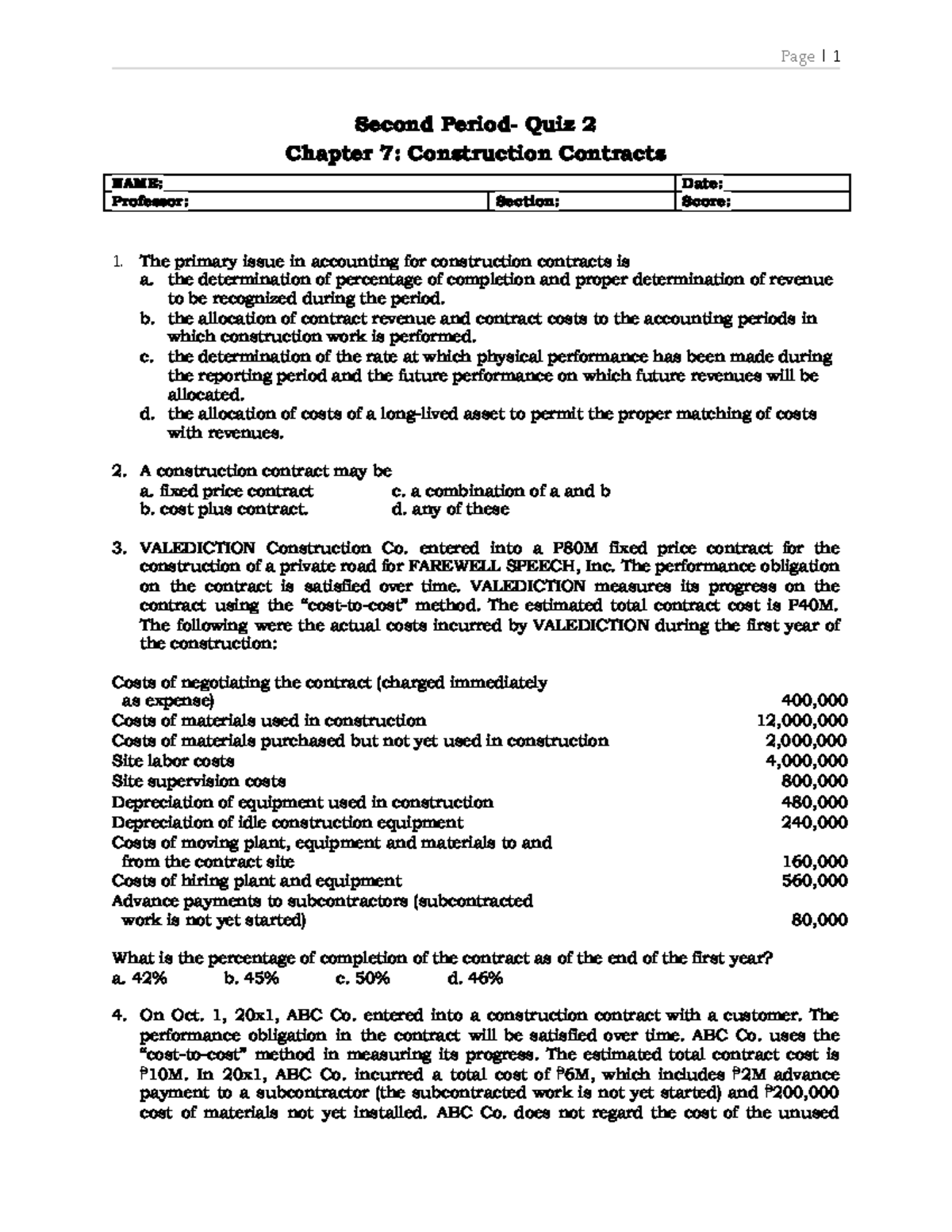 Construction Contracts - Quiz 2 - Key Issues & Solutions - Studocu