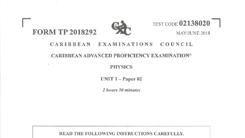 Cape Physics Unit 1 2018 Exam Paper - Paper 02 - Studocu