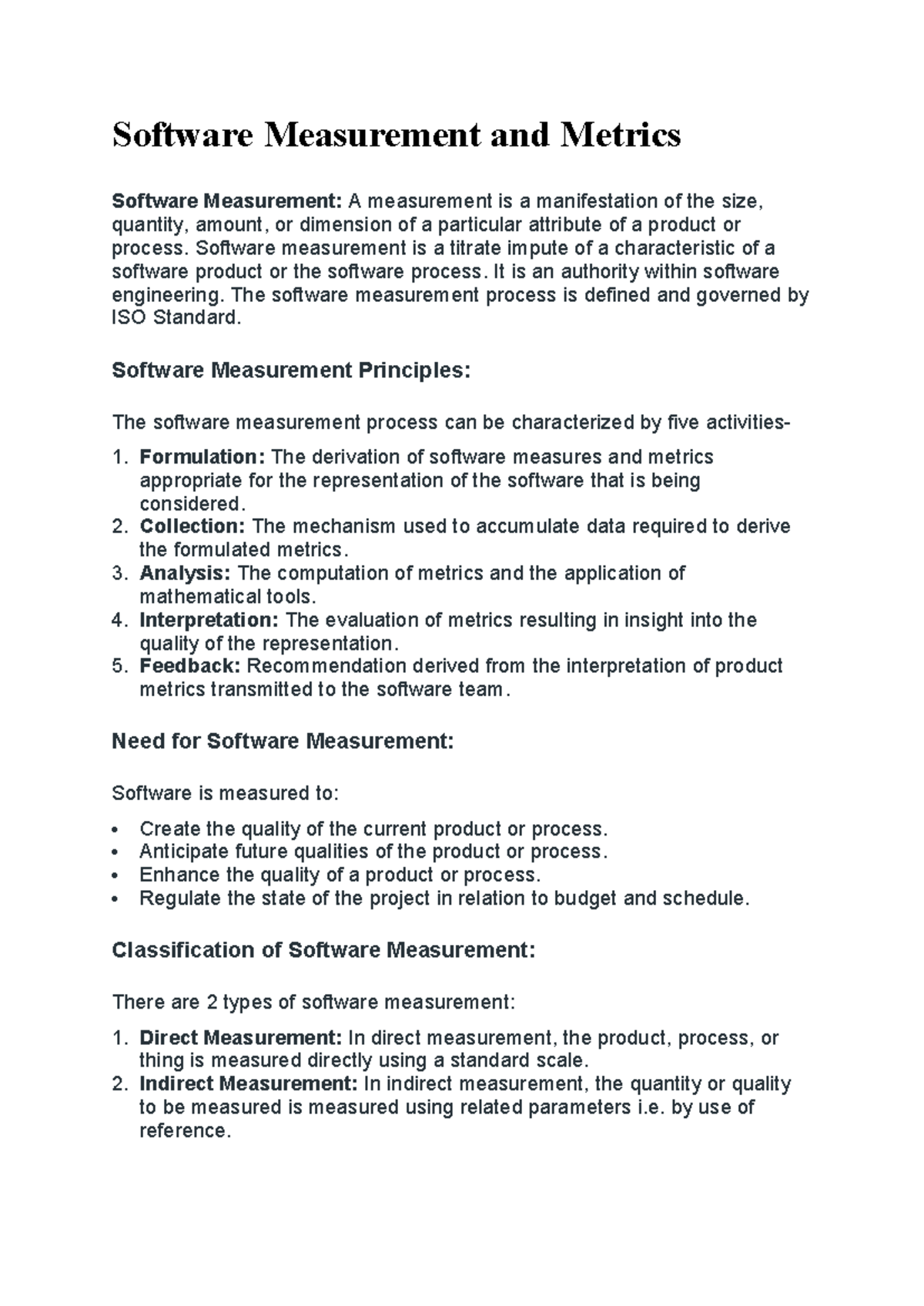 Software Metrics Overview and Key Principles - Notes - Studocu