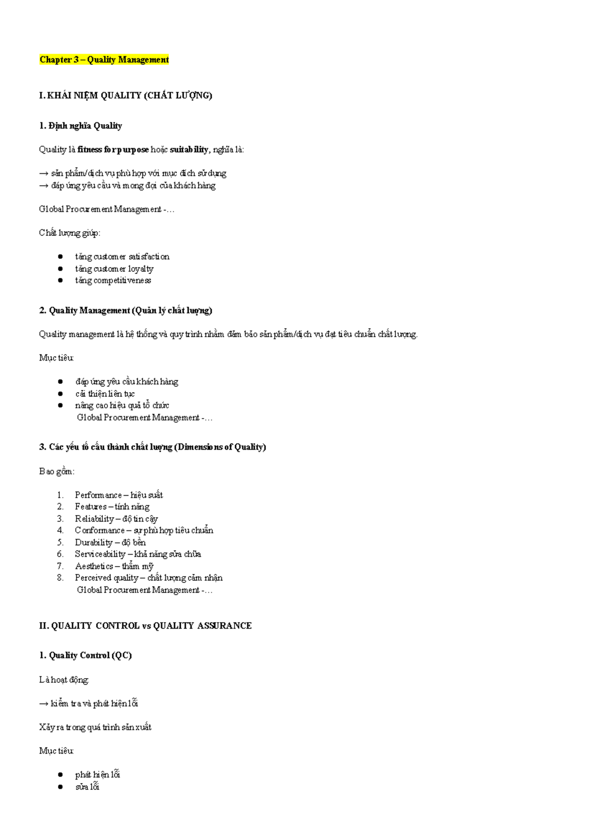 Chapter 3 – Quality Management in Global Procurement Management - Studocu
