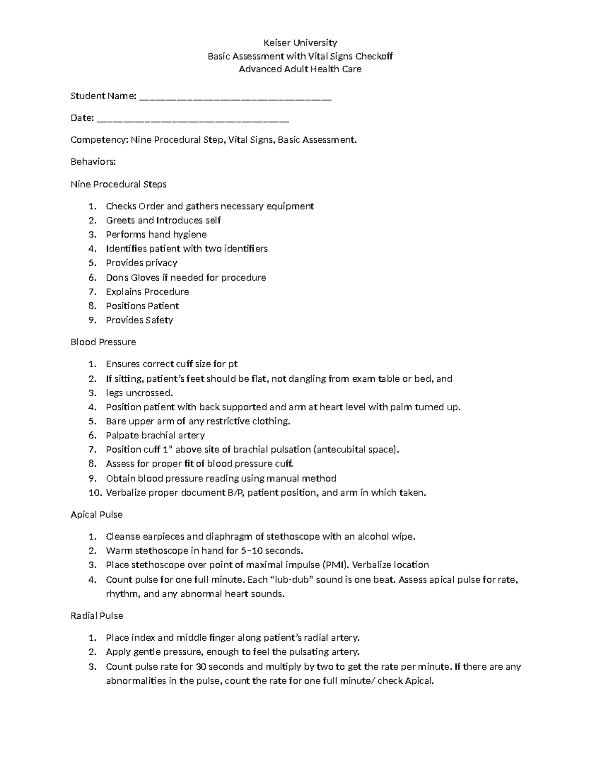 Advanced Adult Health Care: Basic Assessment Checkoff Guide - Studocu