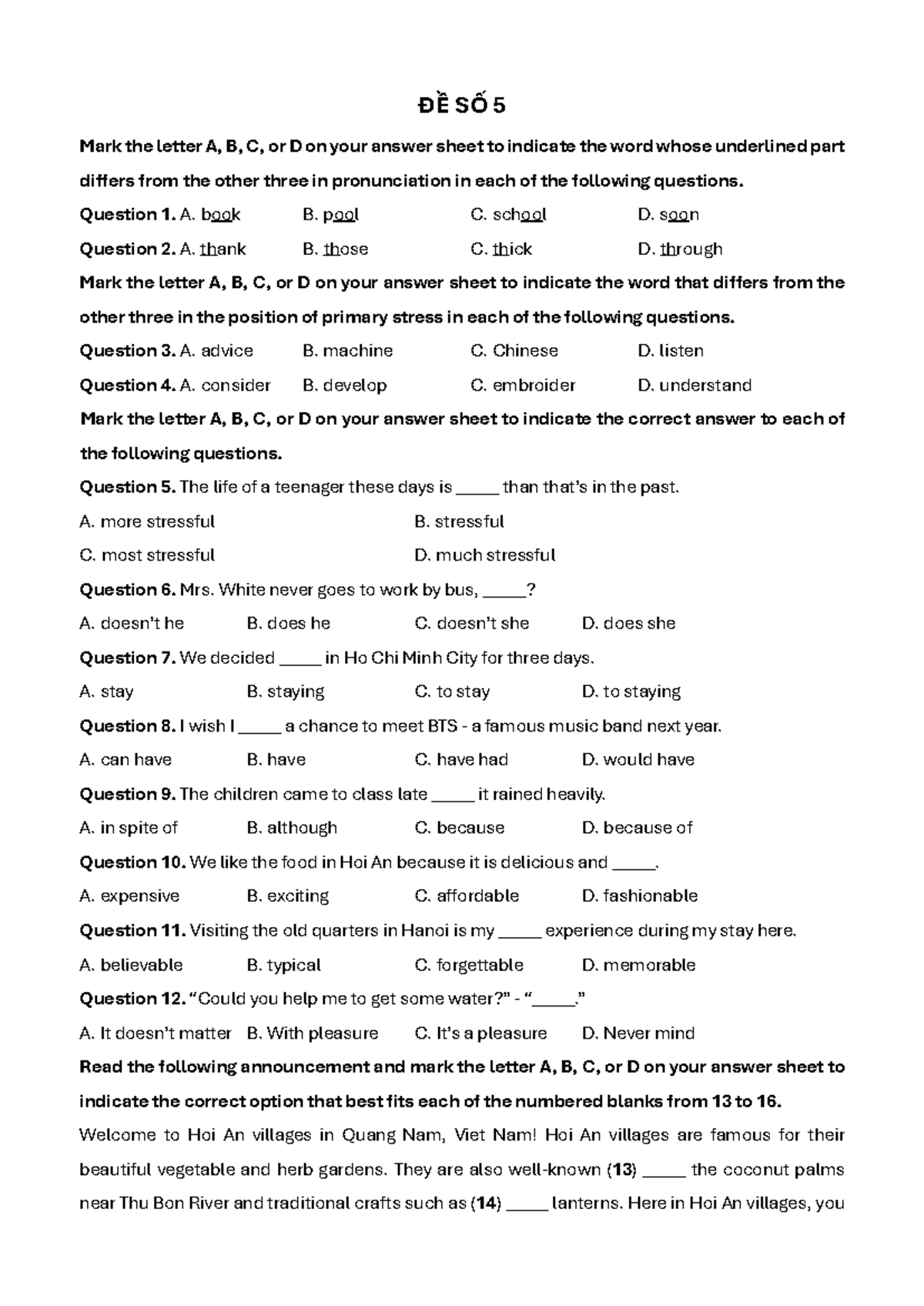 Test 5 G9: Pronunciation, Stress, and Comprehension Questions - Studocu