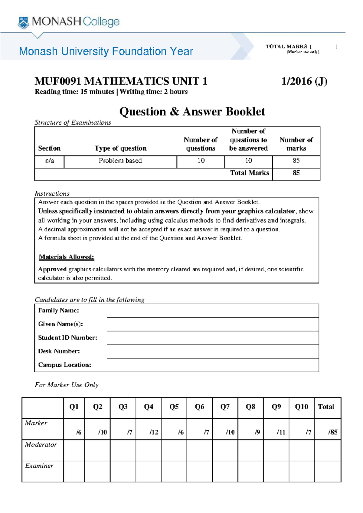 1 2016 MUF0091 Mathematics - Questions - MUF0091 MATHEMATICS UNIT 1 1/ ...