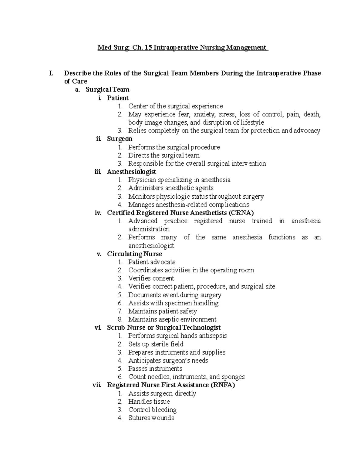 Med Surg: Ch. 15 Intraoperative Nursing Management & Surgical Team ...