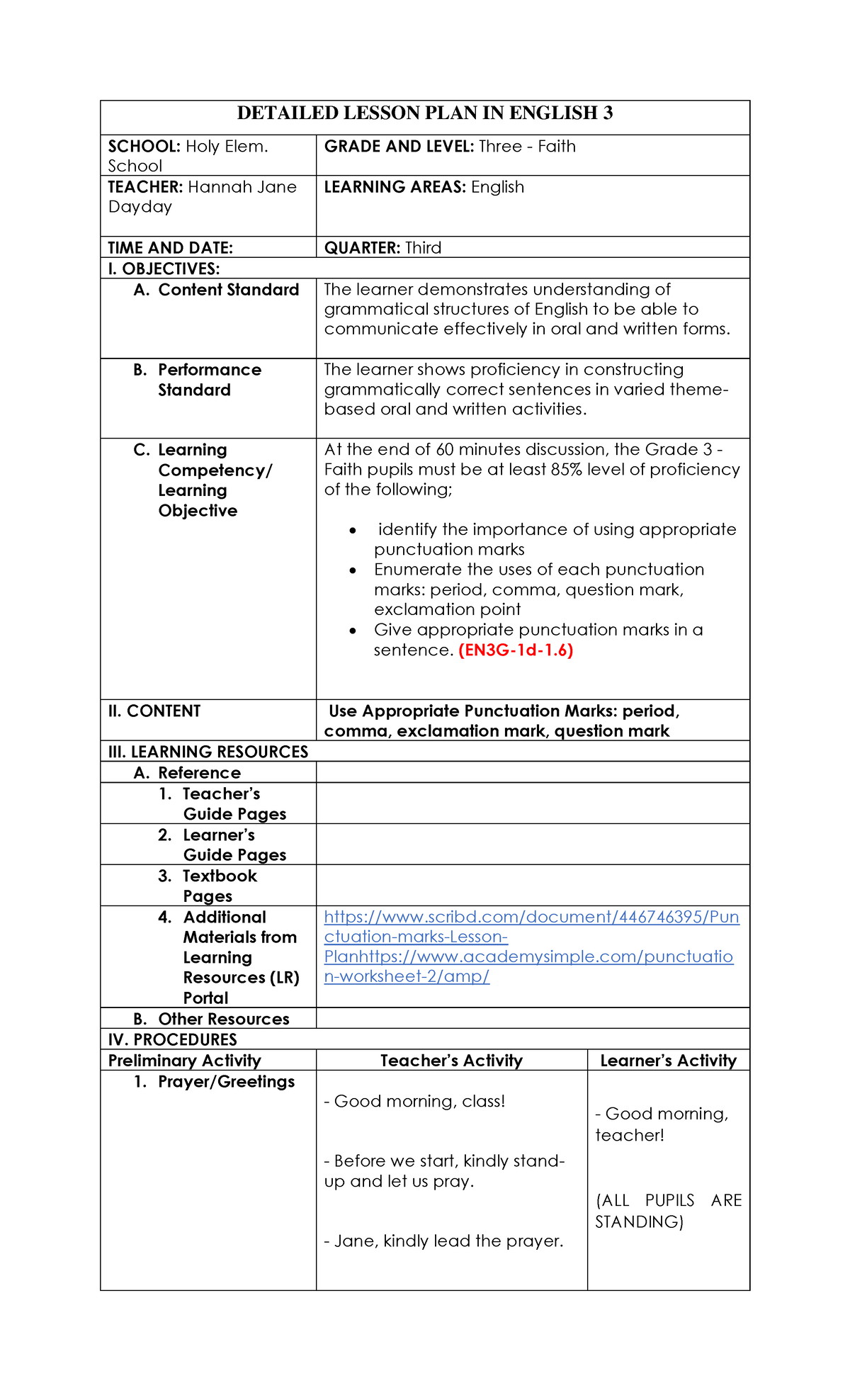 Detailed Lesson Plan: Using Punctuation Marks in English 3 - Studocu