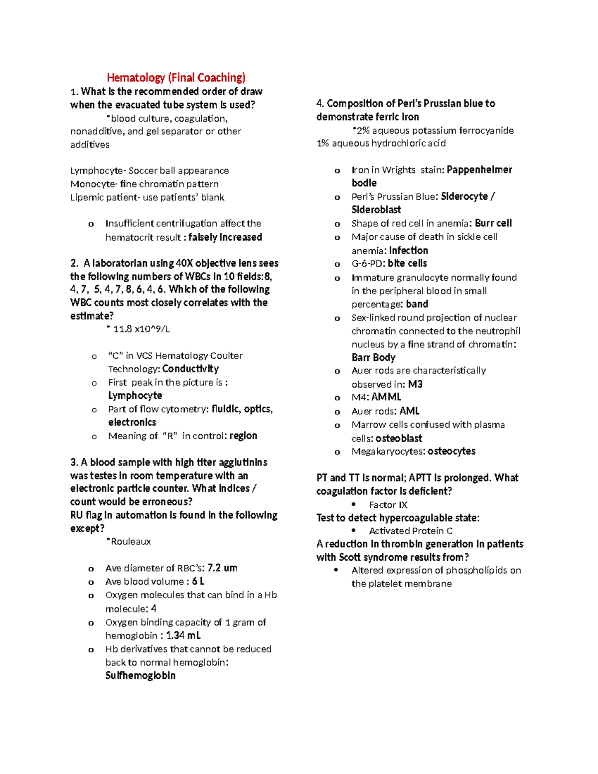 Hematology (Final Exam Review): Key Concepts & Practice Questions - Studocu