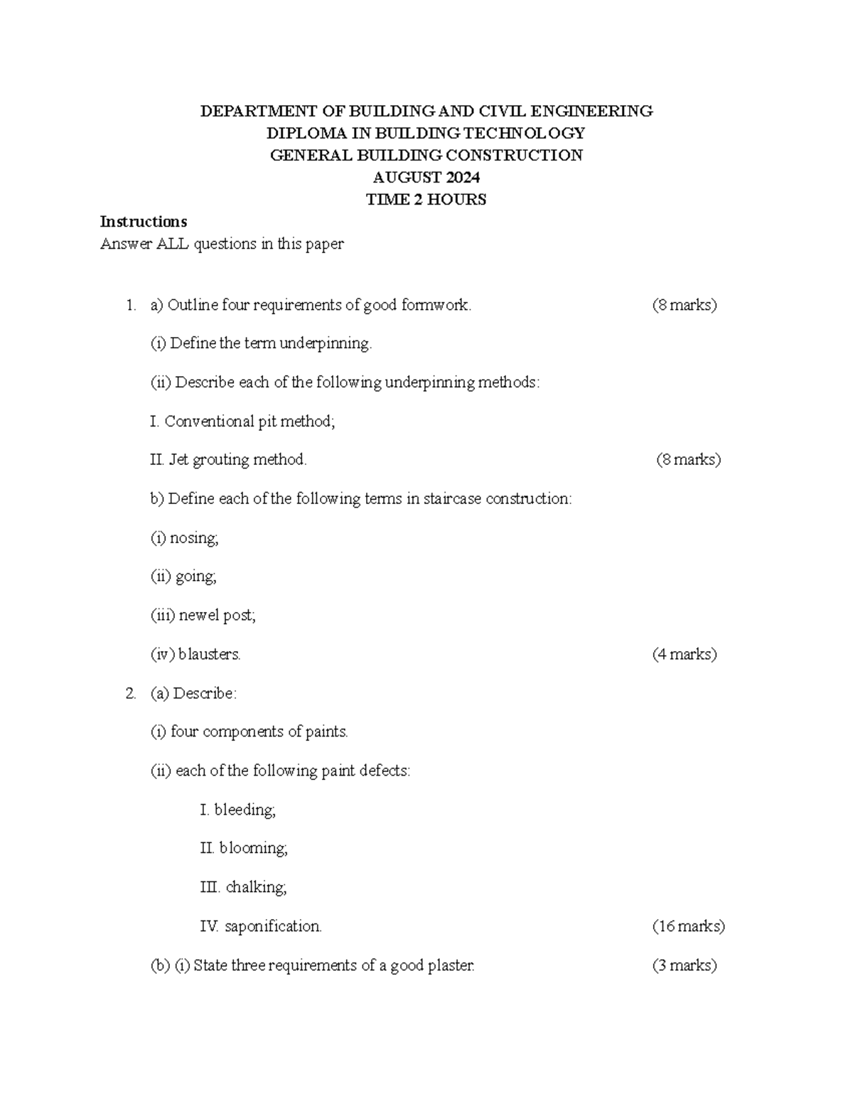 Building Construction Exam Qs - Diploma in Building Technology - Studocu