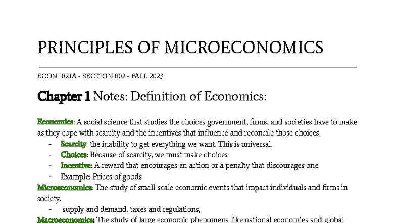 Principles of Microeconomics ECON 1021A Chapter 1-4 Notes - Studocu
