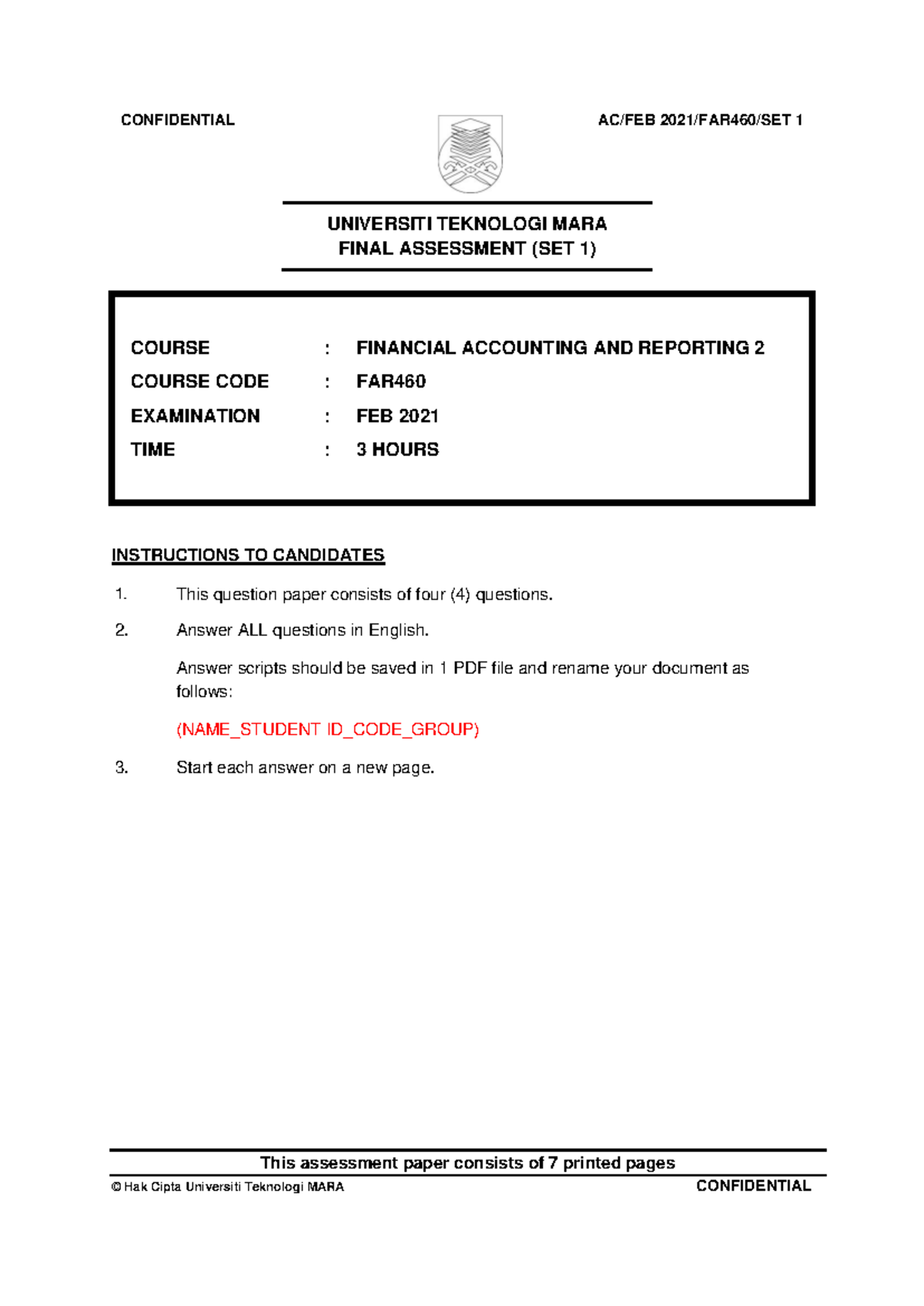 FAR460 Financial Accounting & Reporting 2 - Feb 2021 Final Exam Paper ...