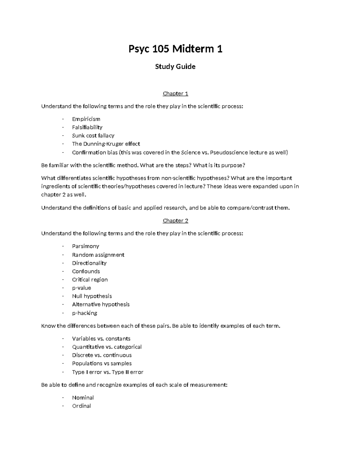 Psyc 105 Midterm 1 Study Guide: Key Concepts & Research Ethics Overview ...