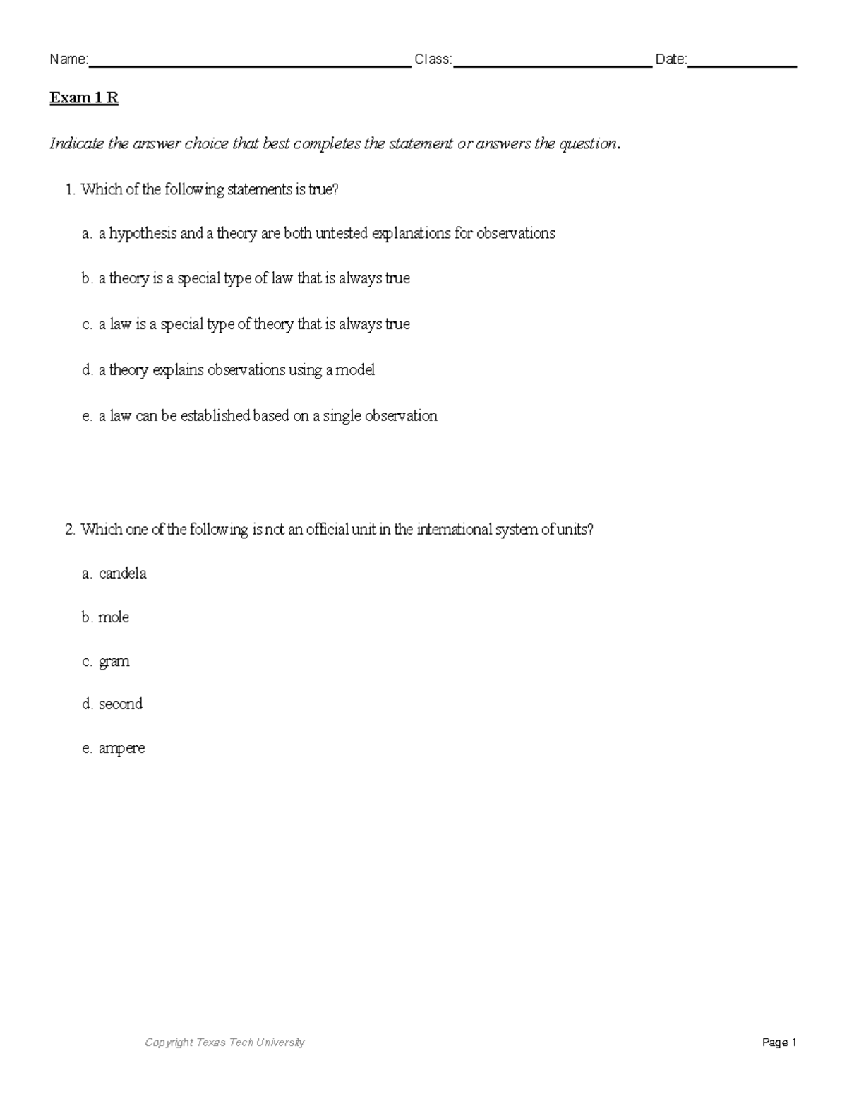 Chemistry 101: Exam 1 Review & Answer Key - Texas Tech University - Studocu
