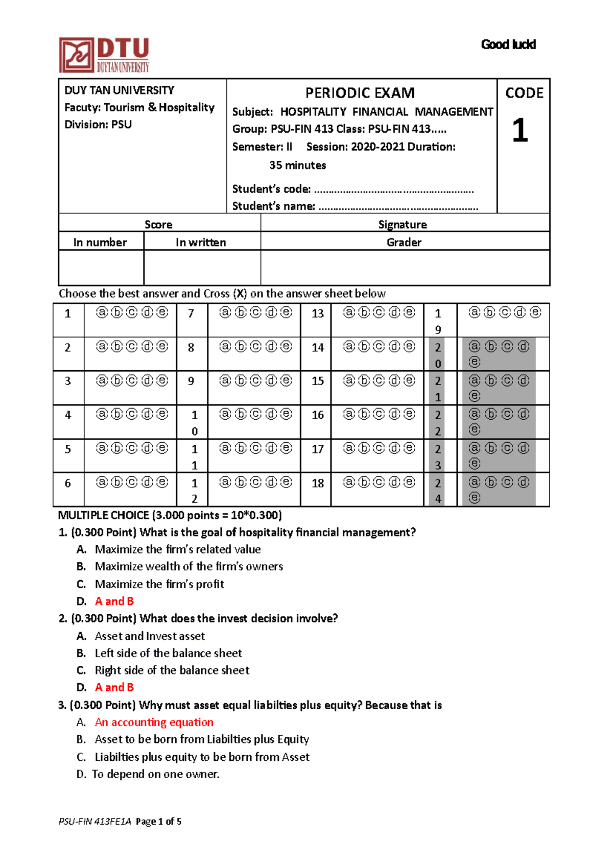 PSU-FIN 413 Periodic Exam - Hospitality Financial Management 2021S ...