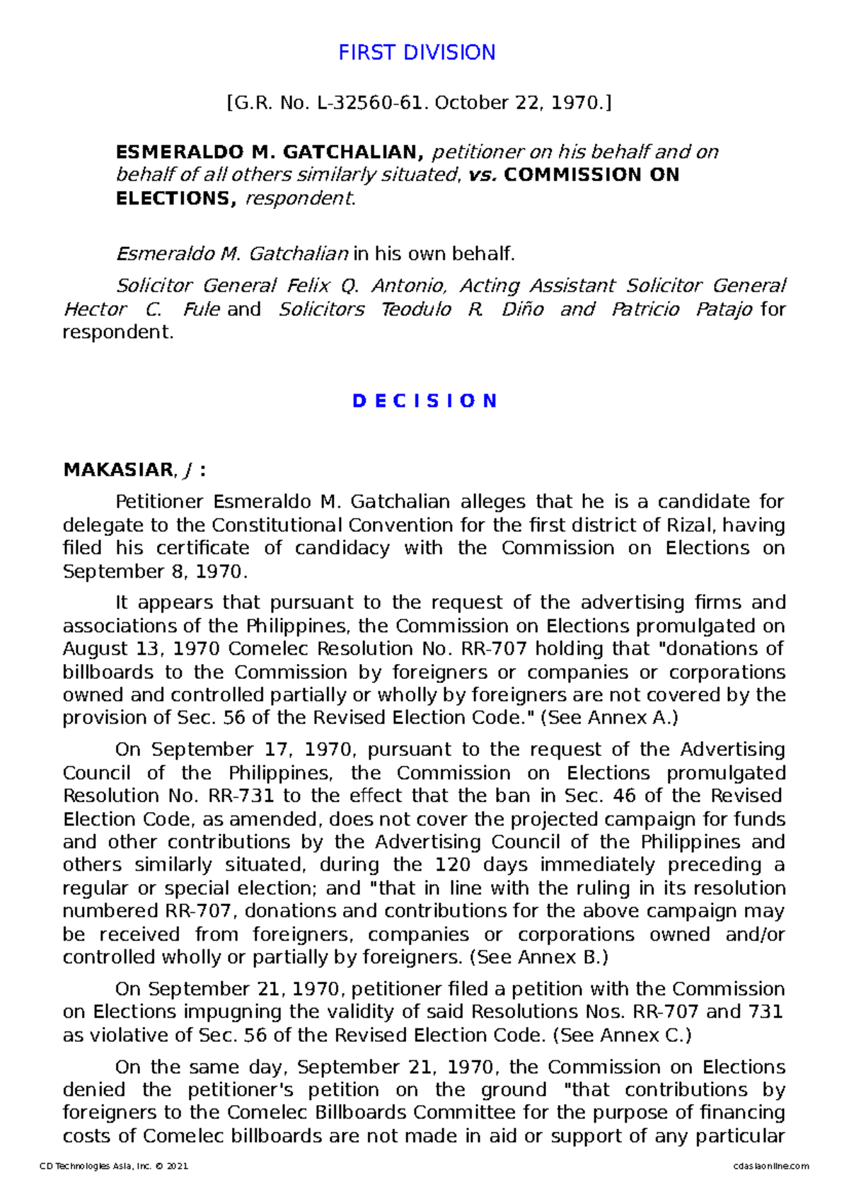 **Case Study: Gatchalian vs Comelec on Foreign Contributions (G. No. L ...