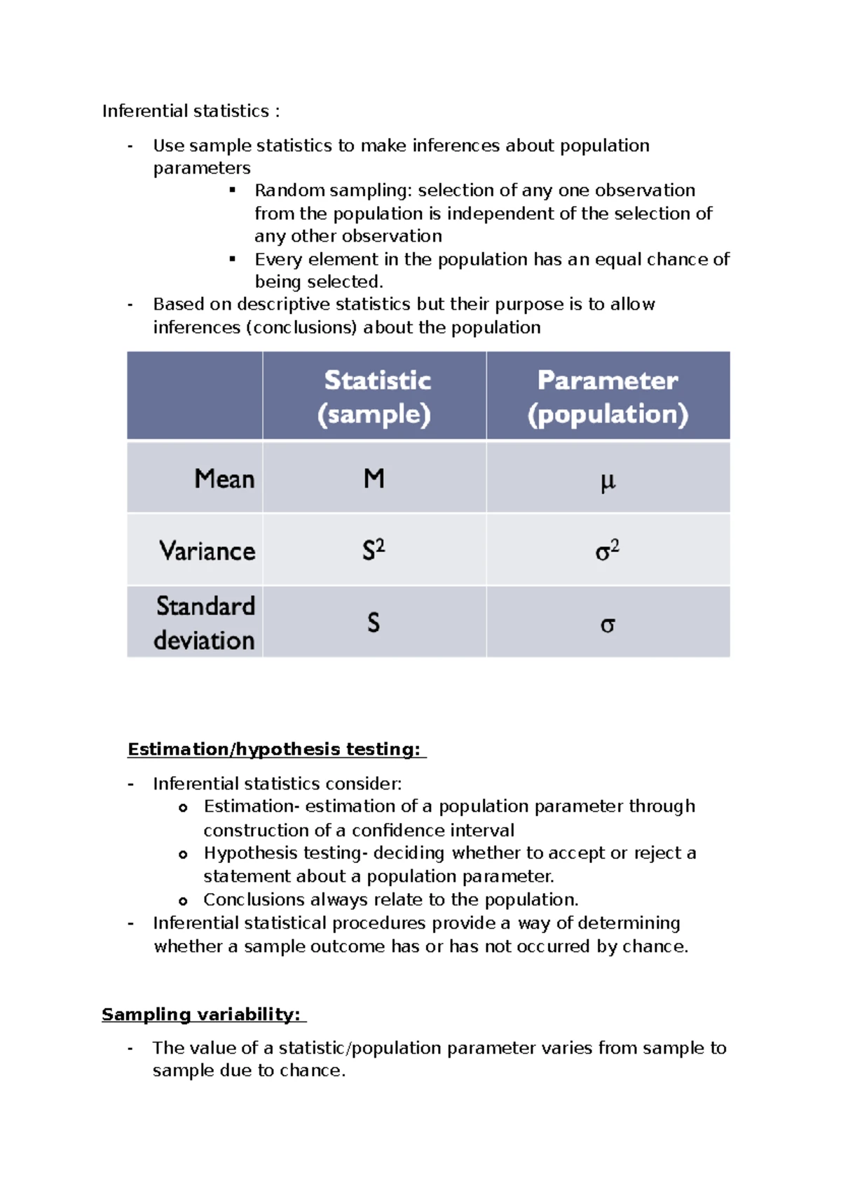 Psych Stats notes - Inferential Stats: - Population: large group of ...
