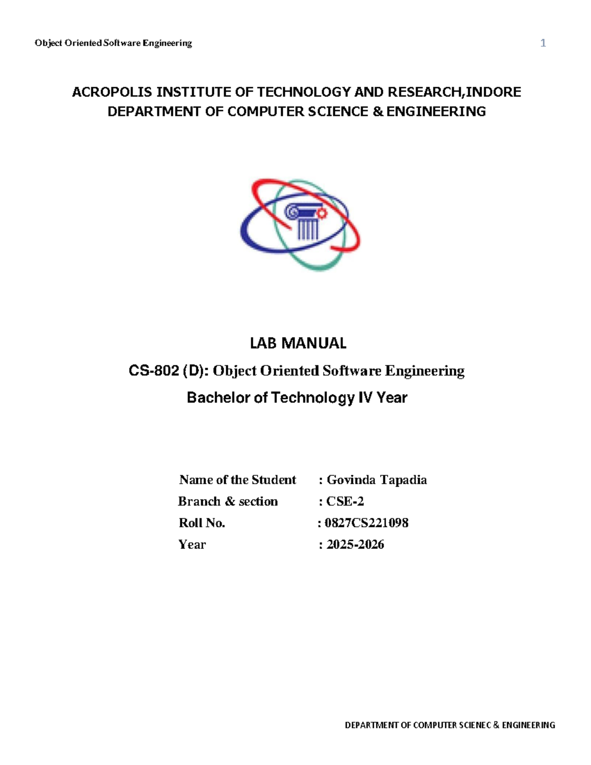Object Oriented Software Engineering Lab Manual (D) - AI Finance ...