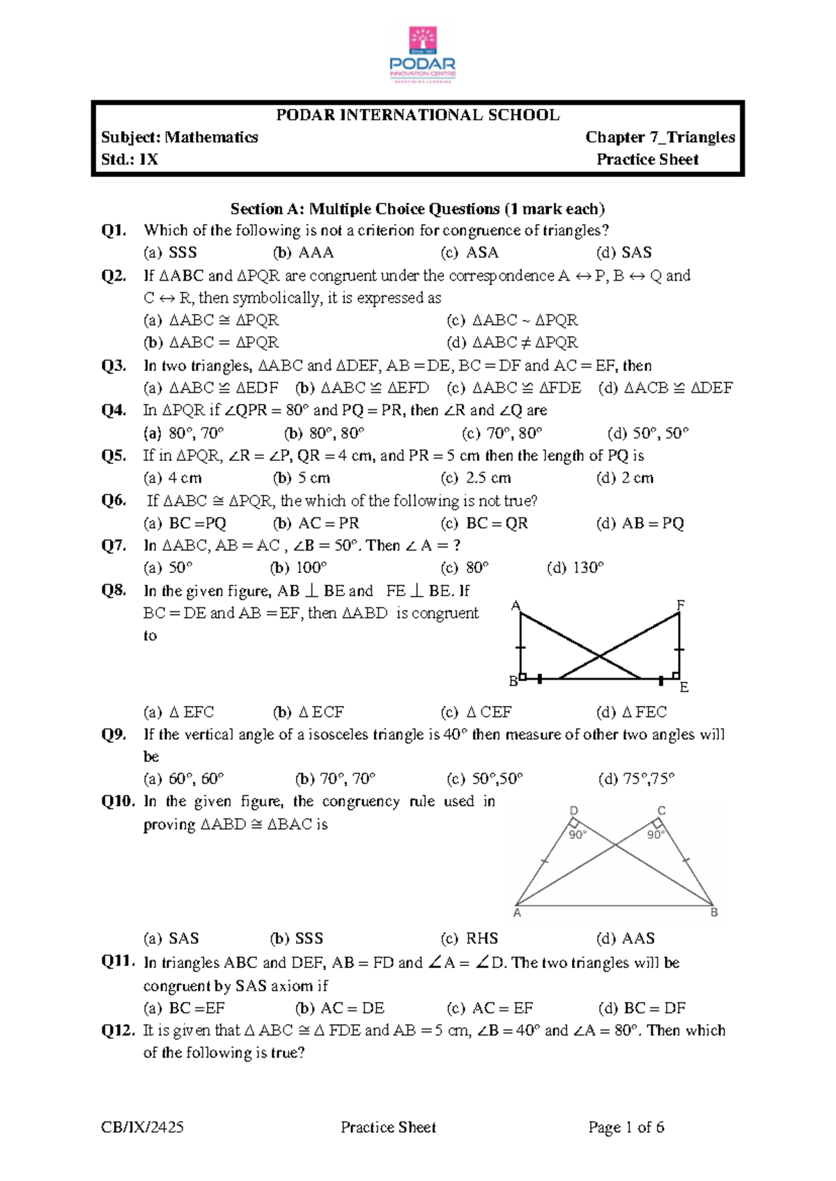 1729954873924.QP CB IX Math Ch 7 Triangles Practice Sheet - Studocu
