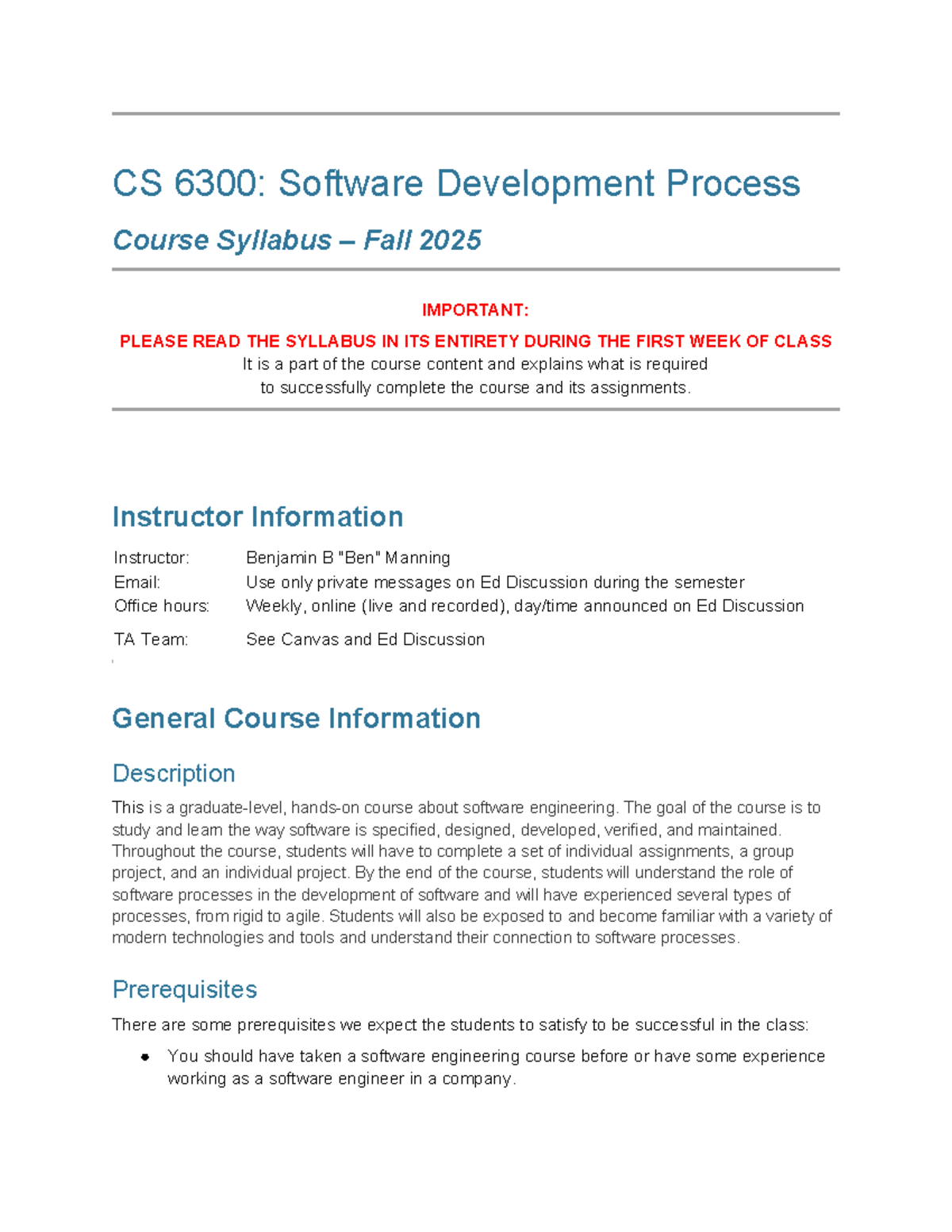 CS 6300: Software Development Process Syllabus - Fall 2025 - Studocu