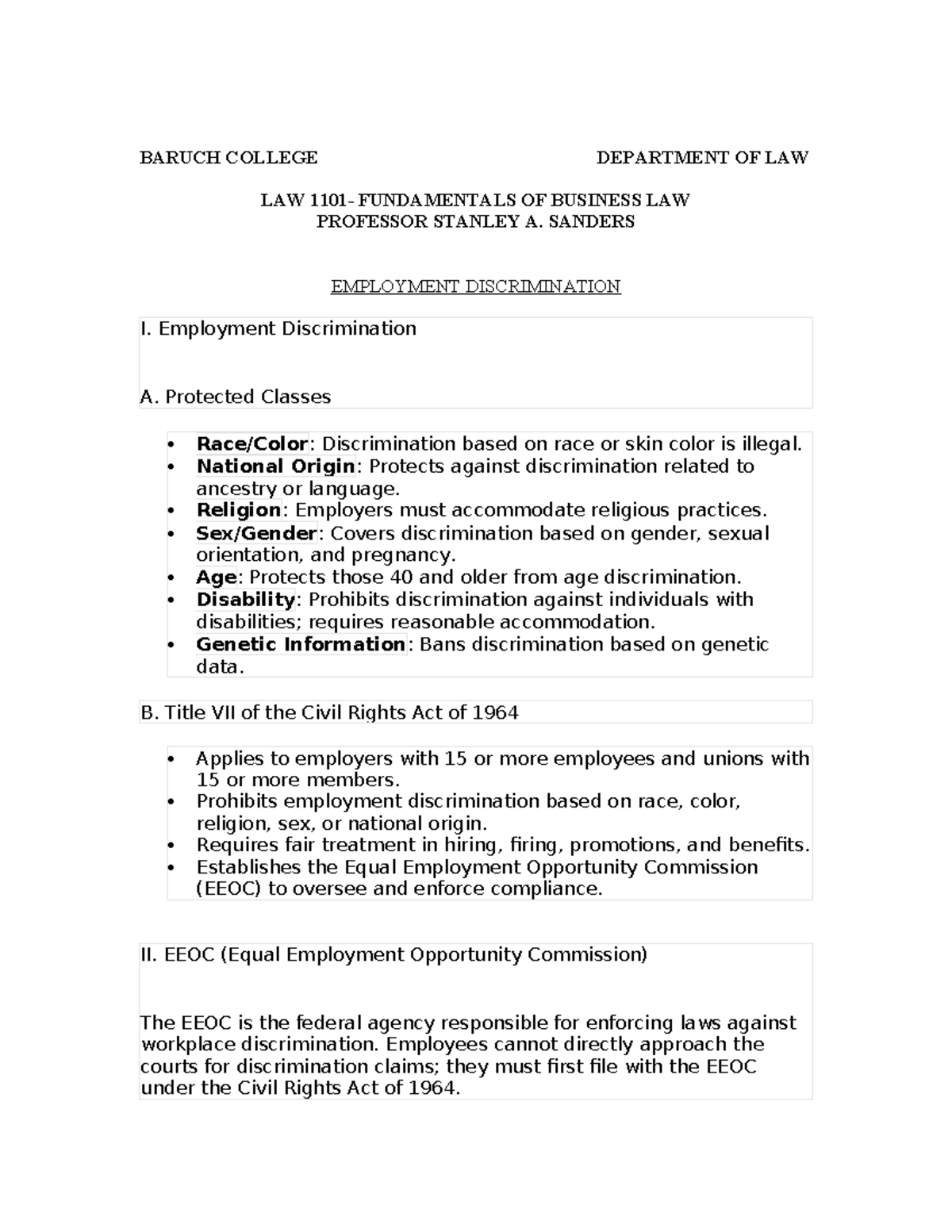 Employment Discrimination Outline - LAW 101: Fundamentals of Business ...