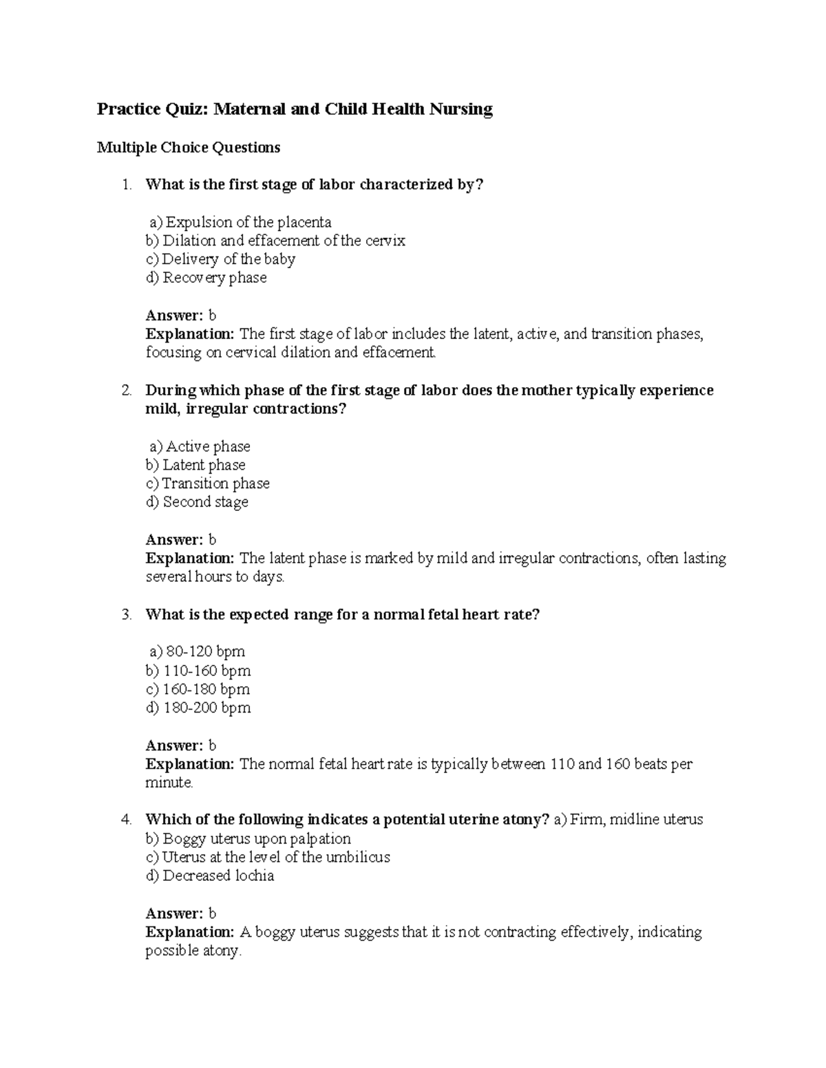 Maternal and Child Health Nursing Quiz 2 (MCH 2023) - Key Concepts ...