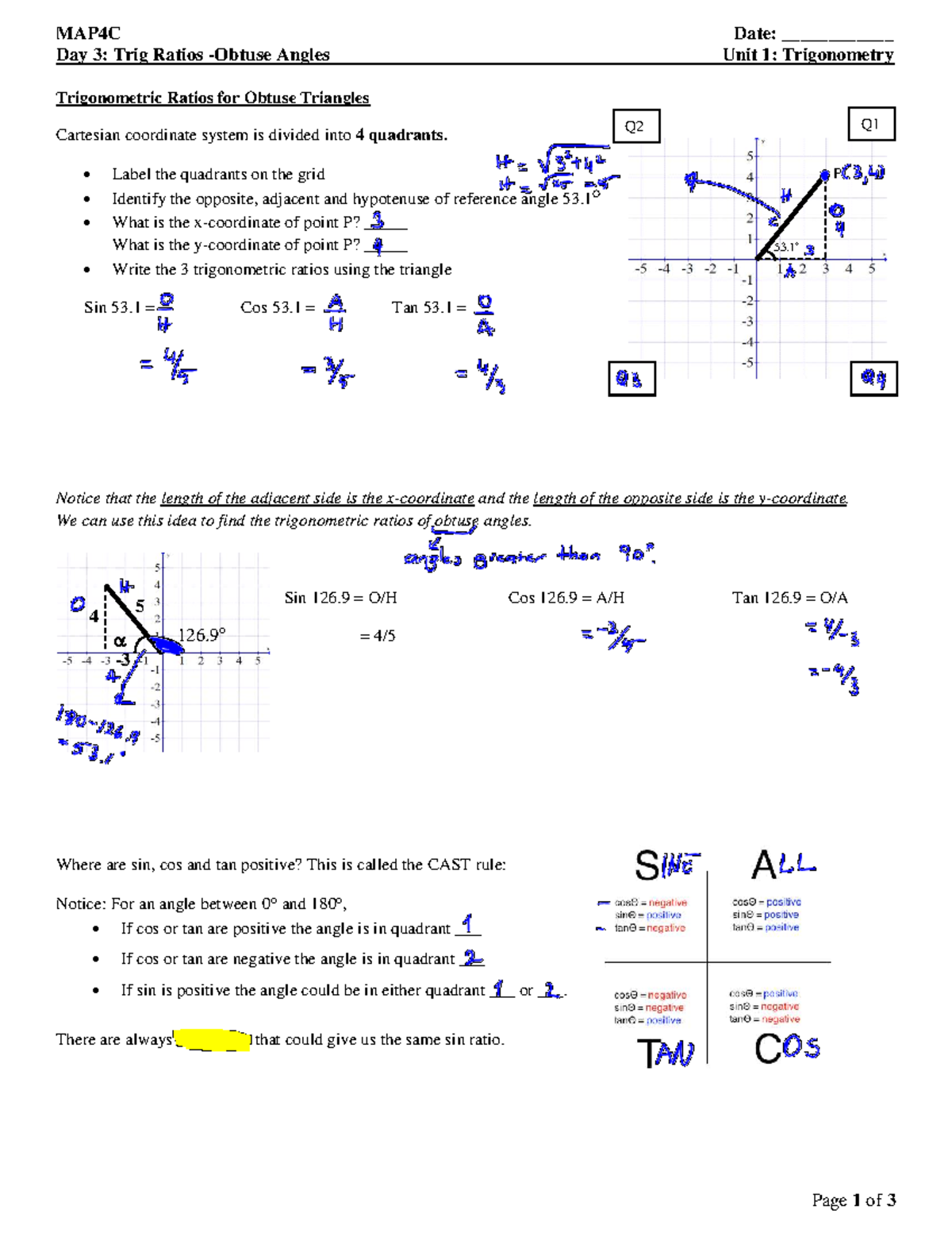 MAP4C Unit 1: Trigonometric Ratios for Obtuse Angles - Q&A - Studocu