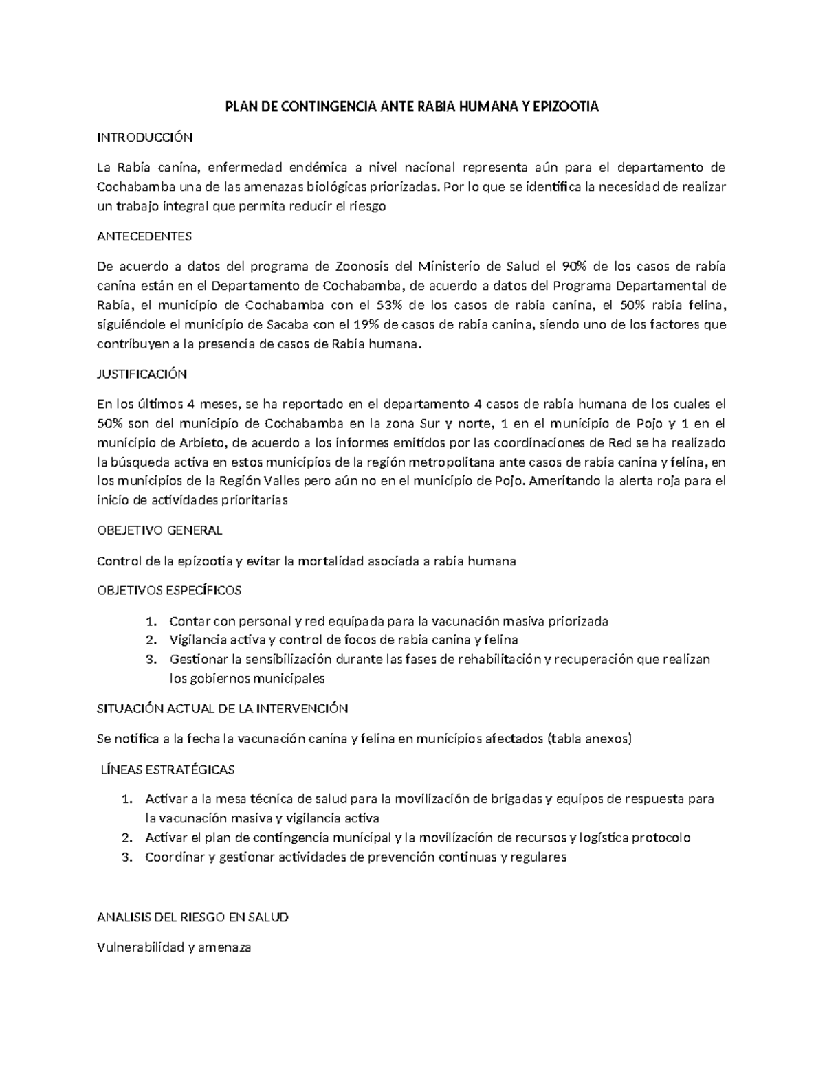 PLAN DE CONTINGENCIA ANTE RABIA HUMANA Y EPIZOOTIA - Cochabamba - Studocu