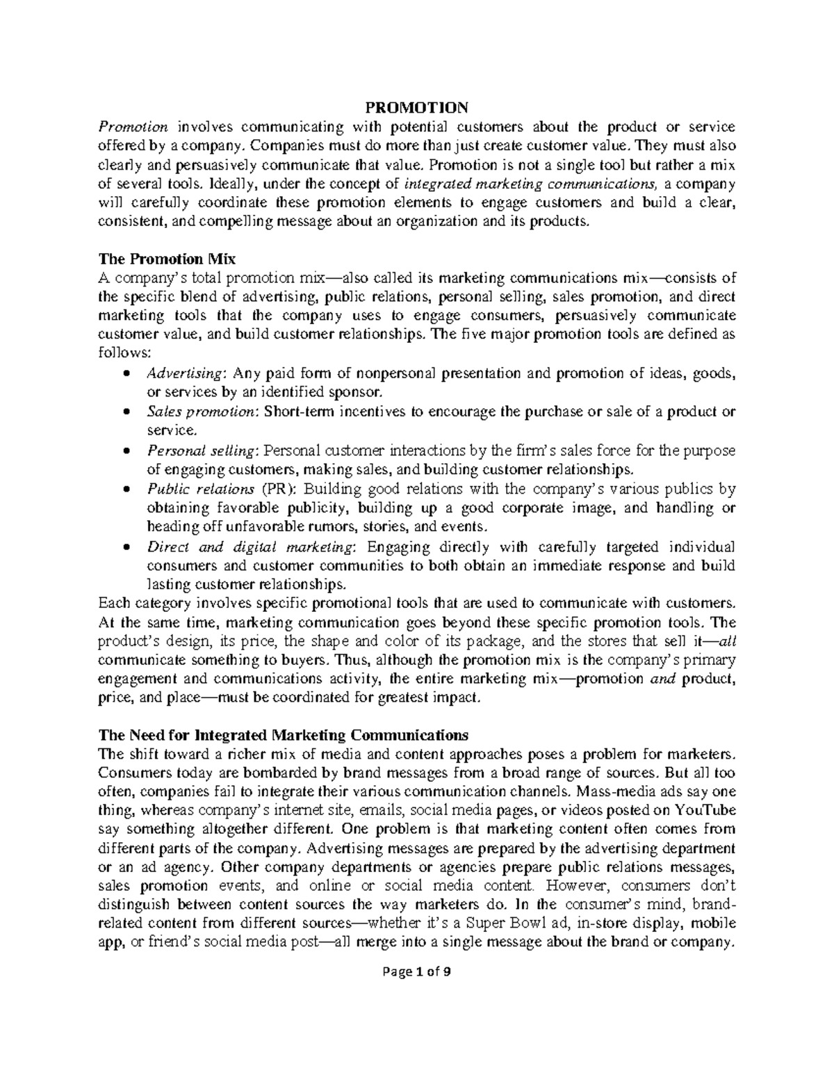 Promotion - Updated - Marketing notes - PROMOTION Promotion involves ...