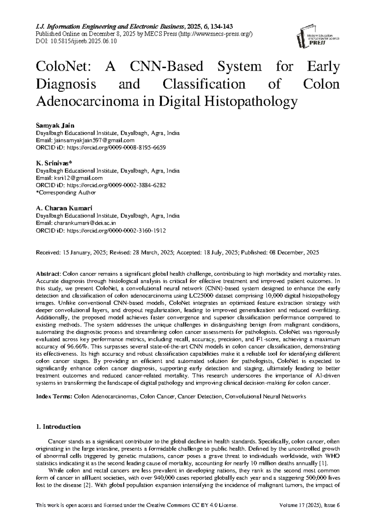 ColoNet: Early Diagnosis & Classification of Colon Adenocarcinoma (I.J ...