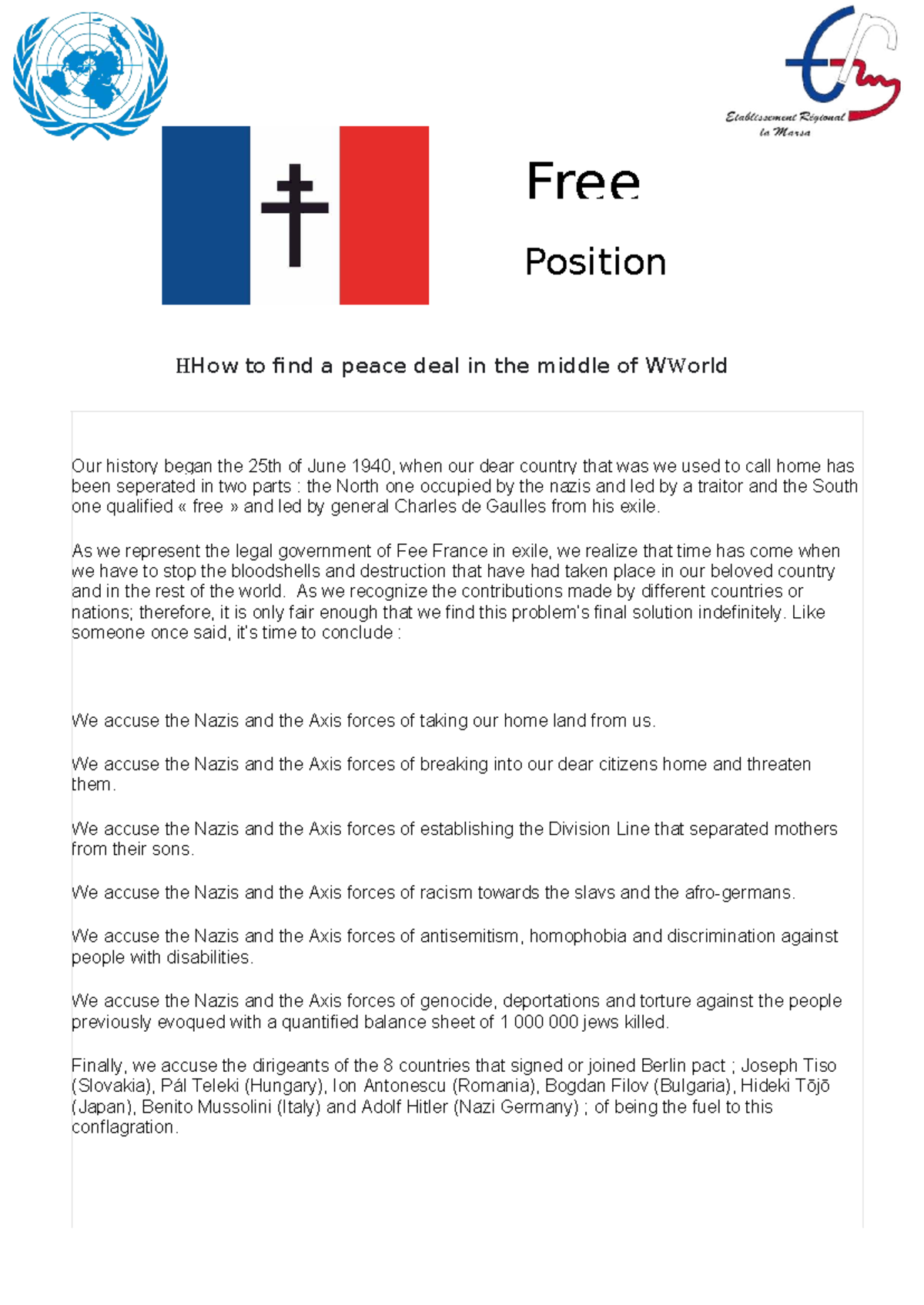 Position Paper: Free France's Call for Peace in WWII - Studocu