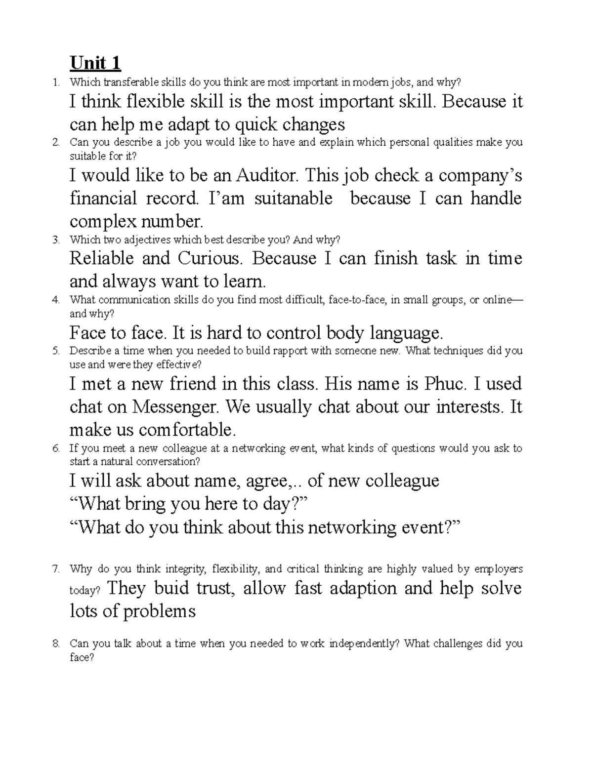 Questions for Speaking Test (Unit 1-7) - Studocu