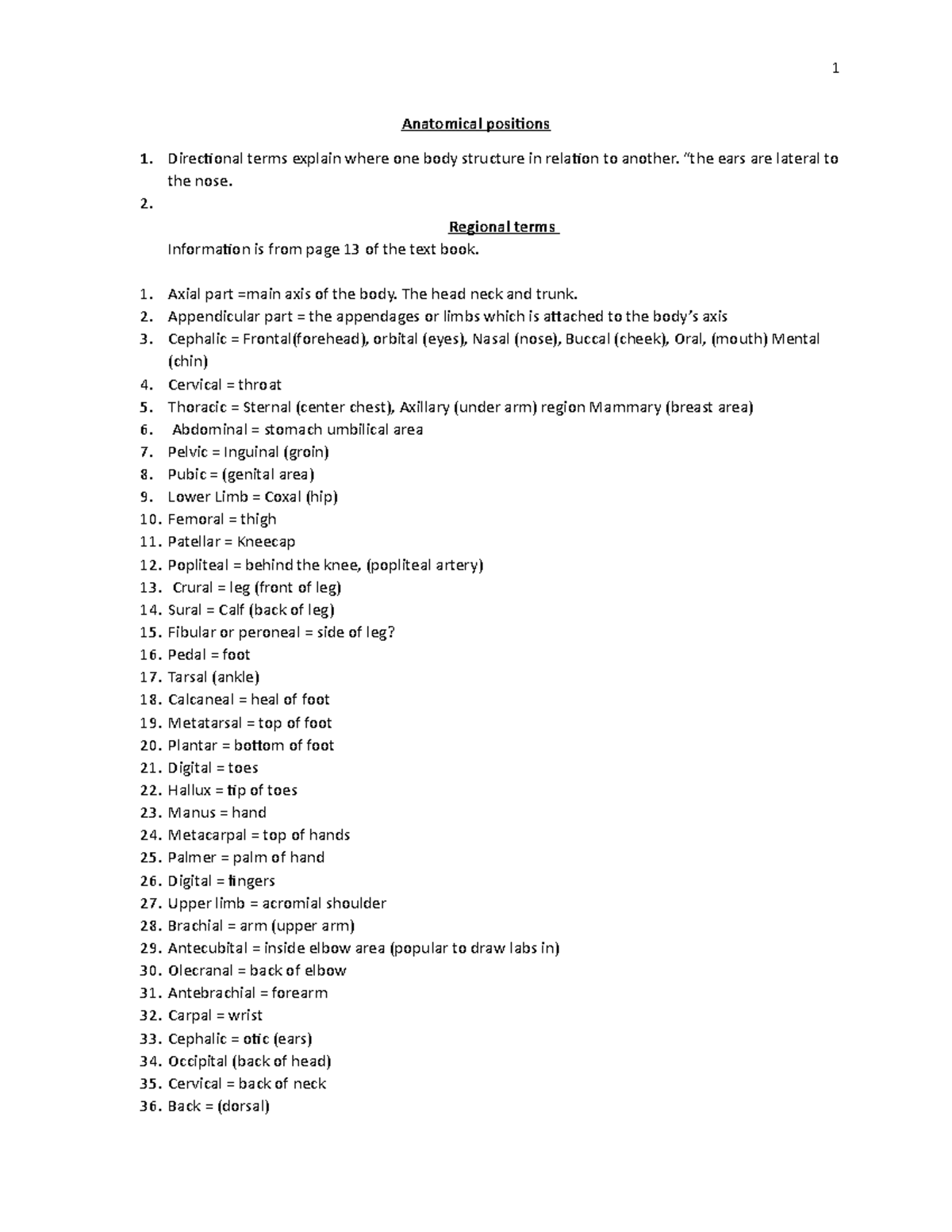 Anatomical Terms - Lecture Notes (Modules 1-3) Study Guide - Studocu